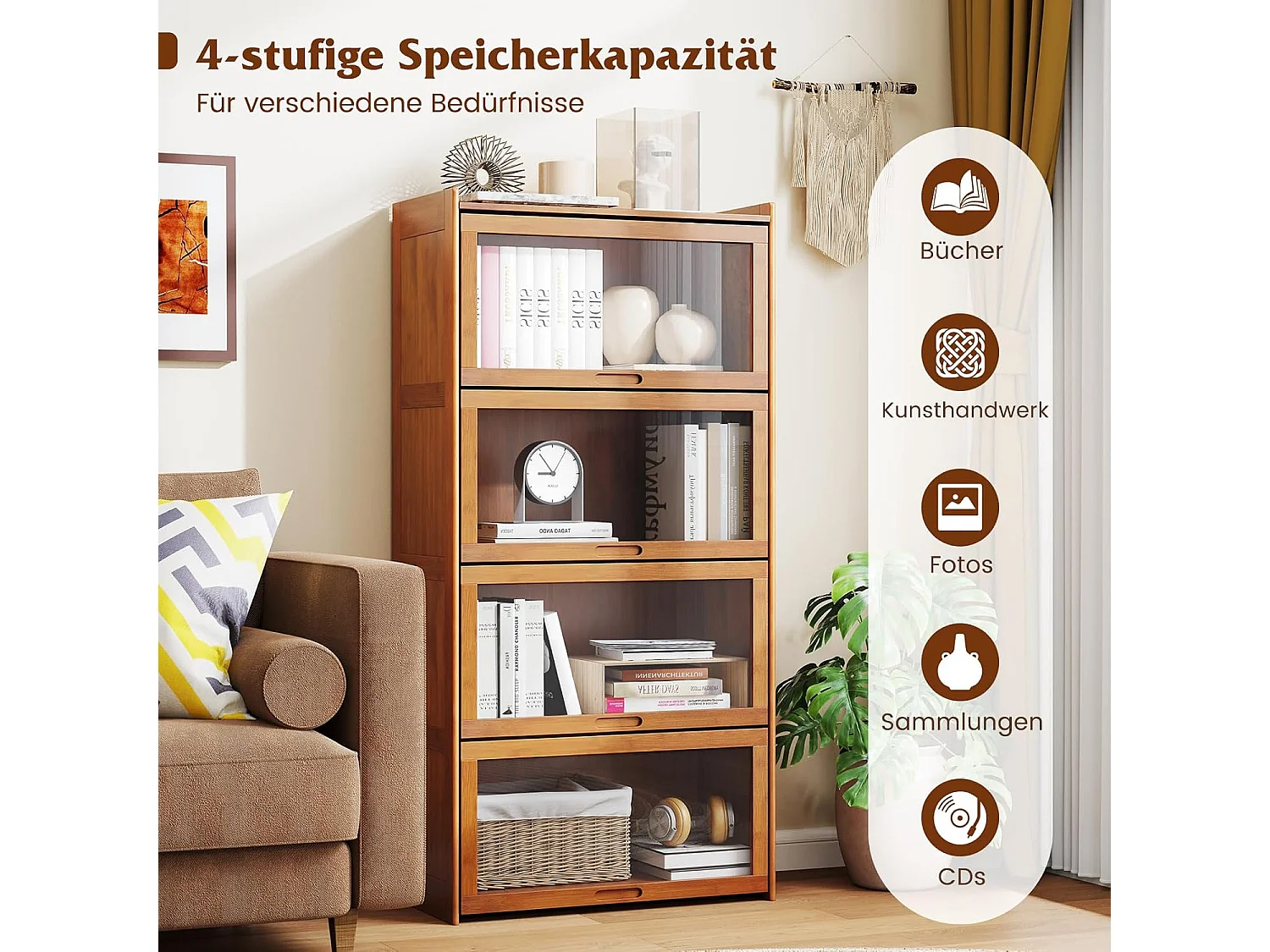 Boekenkast met 4 verdiepingen met acryldeuren,vitrinekast van bamboe met 4 vakken,vrijstaand,opbergrek voor werkkamer, woonkamer, 69 x 34 x 140 cm (bruin)VH33981