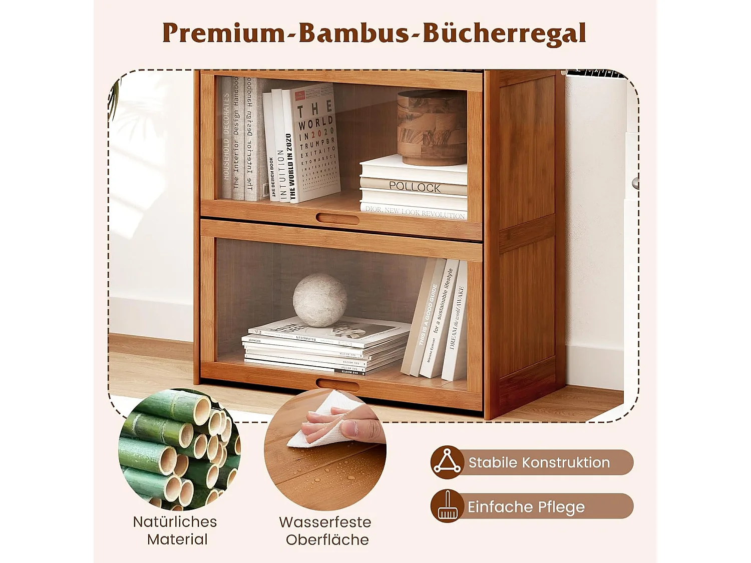 Boekenkast met 4 verdiepingen met acryldeuren,vitrinekast van bamboe met 4 vakken,vrijstaand,opbergrek voor werkkamer, woonkamer, 69 x 34 x 140 cm (bruin)VH33981