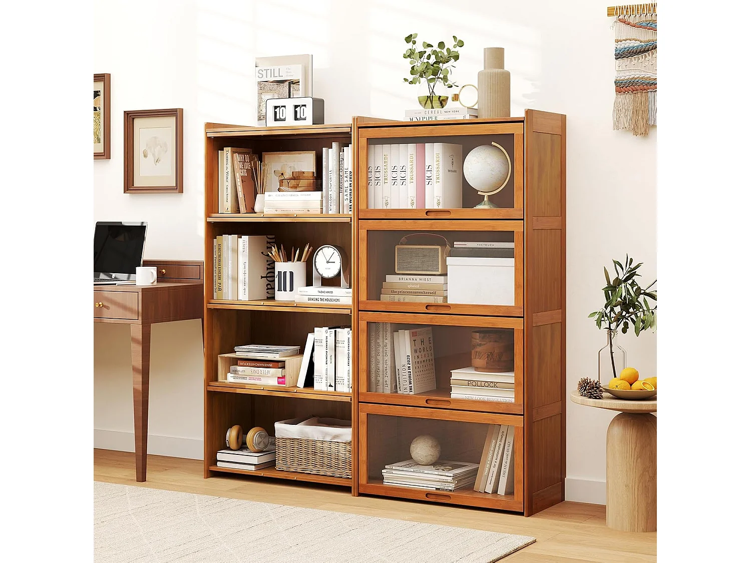 Boekenkast met 4 verdiepingen met acryldeuren,vitrinekast van bamboe met 4 vakken,vrijstaand,opbergrek voor werkkamer, woonkamer, 69 x 34 x 140 cm (bruin)VH33981