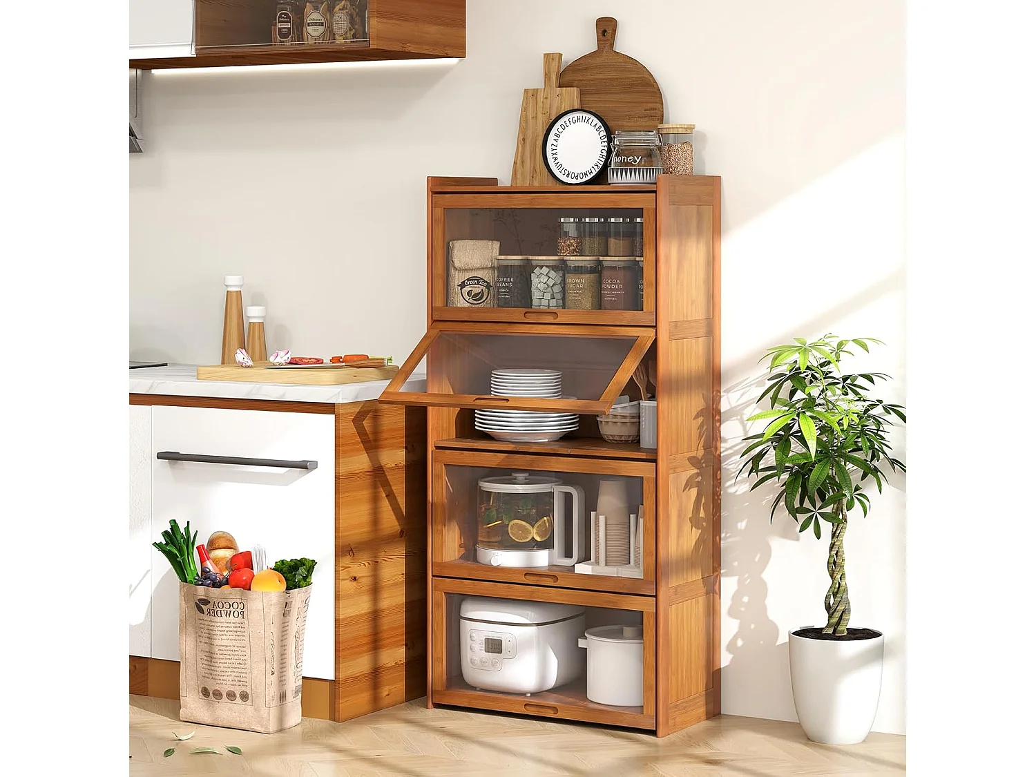 Boekenkast met 4 verdiepingen met acryldeuren,vitrinekast van bamboe met 4 vakken,vrijstaand,opbergrek voor werkkamer, woonkamer, 69 x 34 x 140 cm (bruin)VH33981