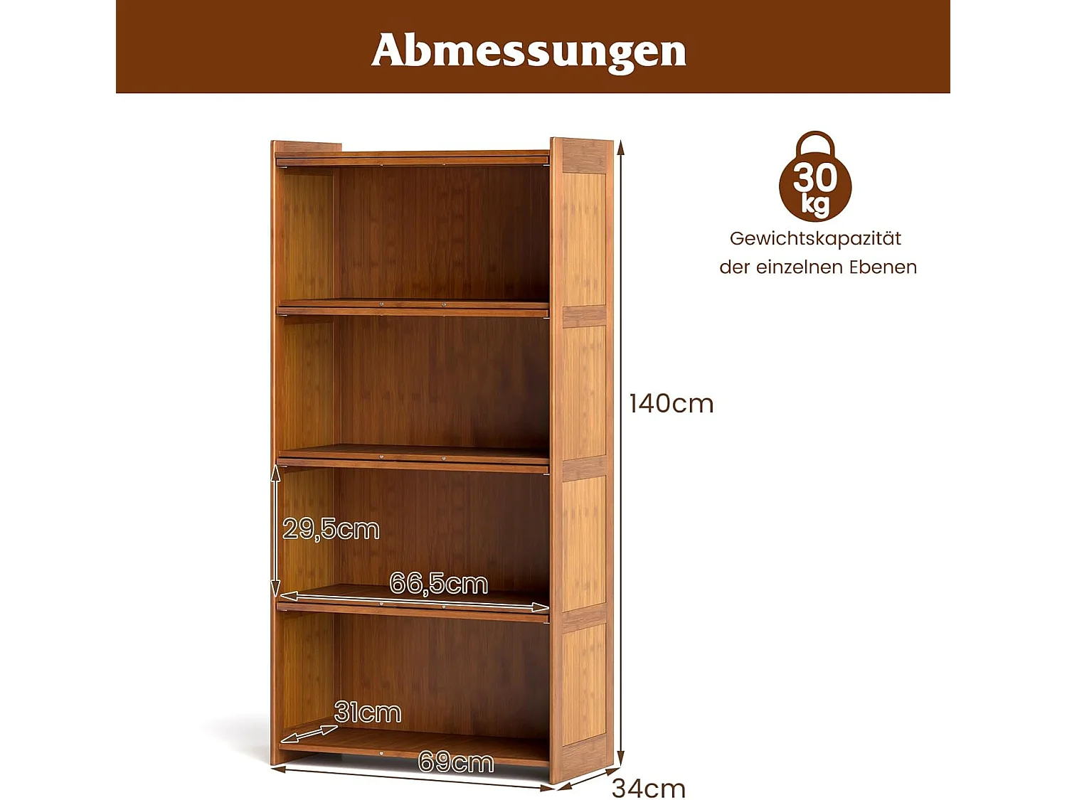 Boekenkast met 4 verdiepingen met acryldeuren,vitrinekast van bamboe met 4 vakken,vrijstaand,opbergrek voor werkkamer, woonkamer, 69 x 34 x 140 cm (bruin)VH33981