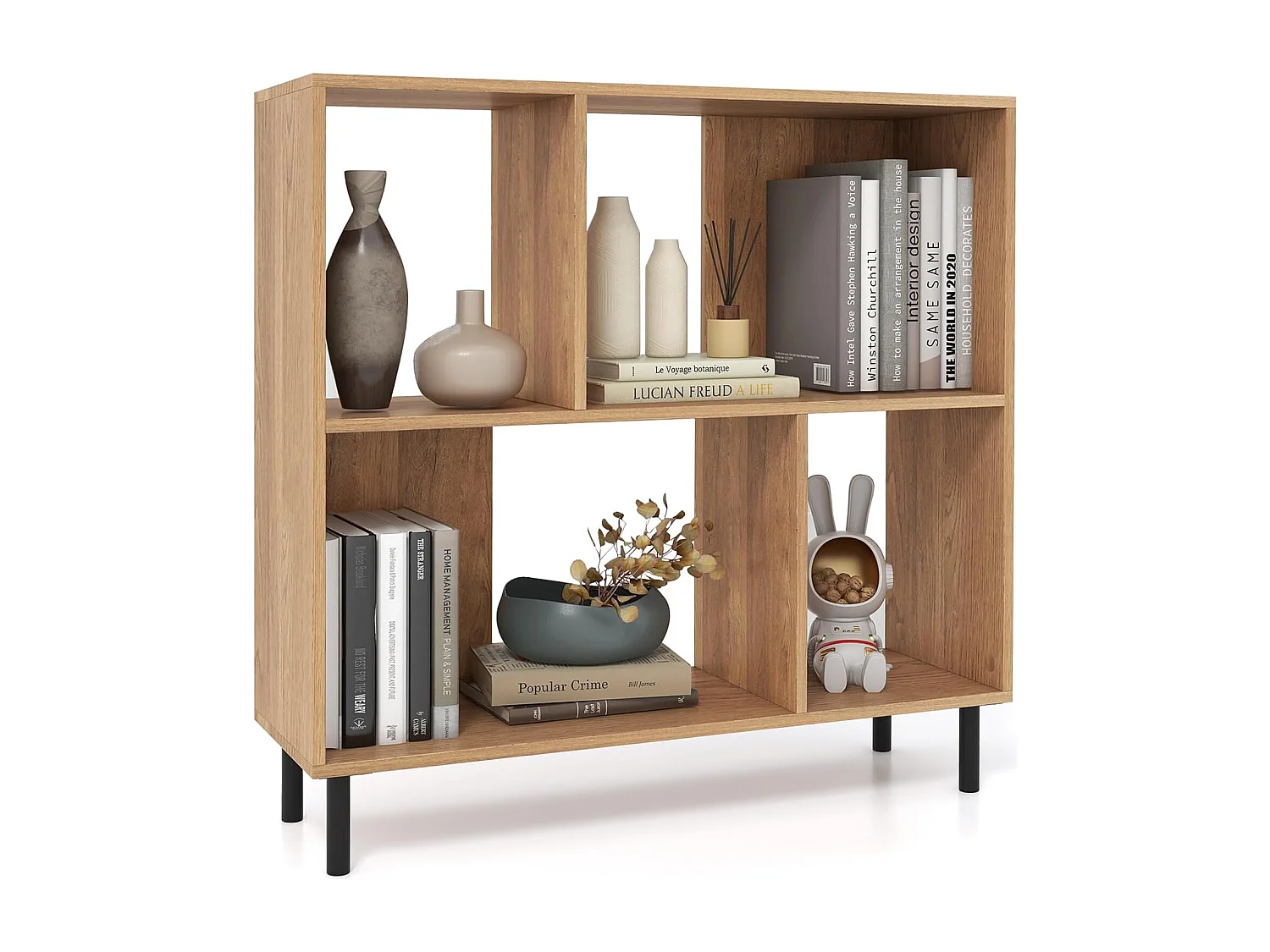 Boekenkast met 4 vakken, staand rek met 2 niveaus, kubusrek, kantoorplank, opbergrek voor woonkamer, slaapkamer, werkkamer, kantoor, 90 x 30 x 90 cm (natuur)