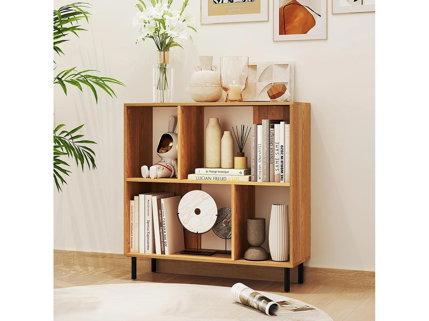 Boekenkast met 4 vakken, staand rek met 2 niveaus, kubusrek, kantoorplank, opbergrek voor woonkamer, slaapkamer, werkkamer, kantoor, 90 x 30 x 90 cm (natuur)
