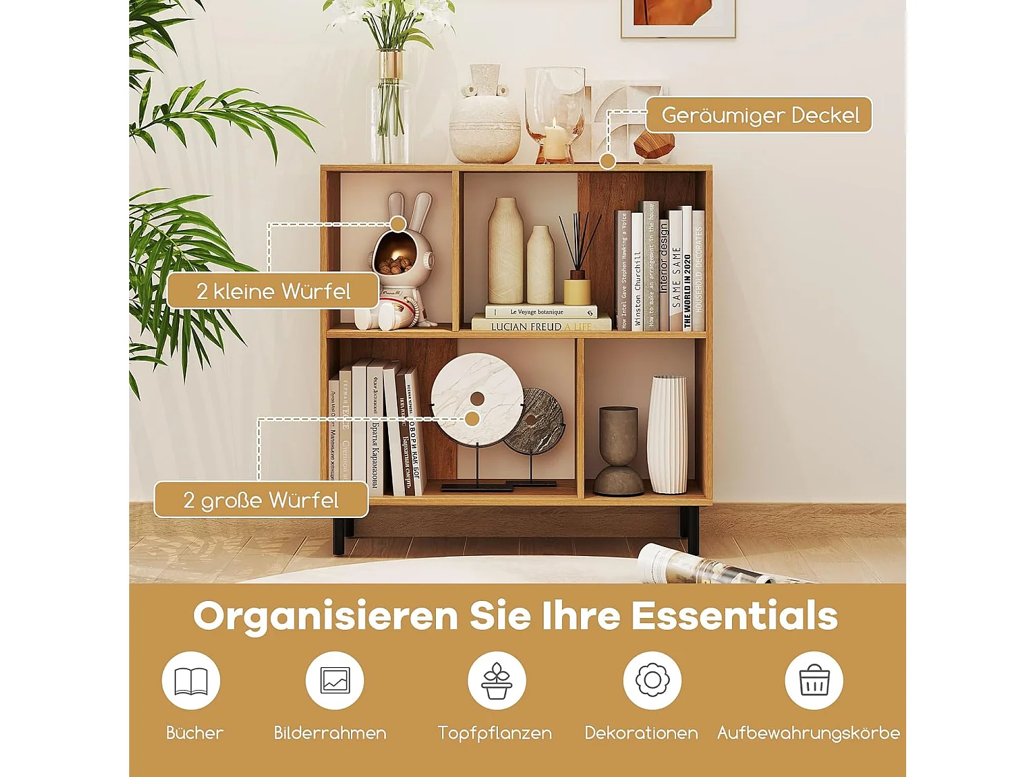 Boekenkast met 4 vakken, staand rek met 2 niveaus, kubusrek, kantoorplank, opbergrek voor woonkamer, slaapkamer, werkkamer, kantoor, 90 x 30 x 90 cm (natuur)