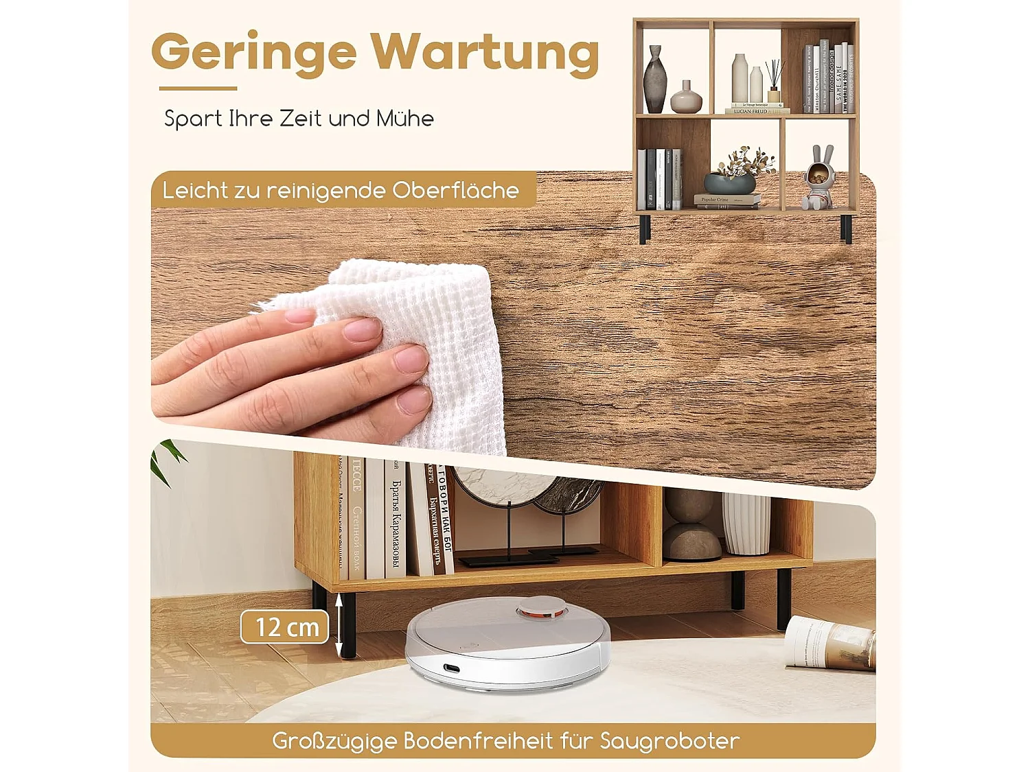 Boekenkast met 4 vakken, staand rek met 2 niveaus, kubusrek, kantoorplank, opbergrek voor woonkamer, slaapkamer, werkkamer, kantoor, 90 x 30 x 90 cm (natuur)