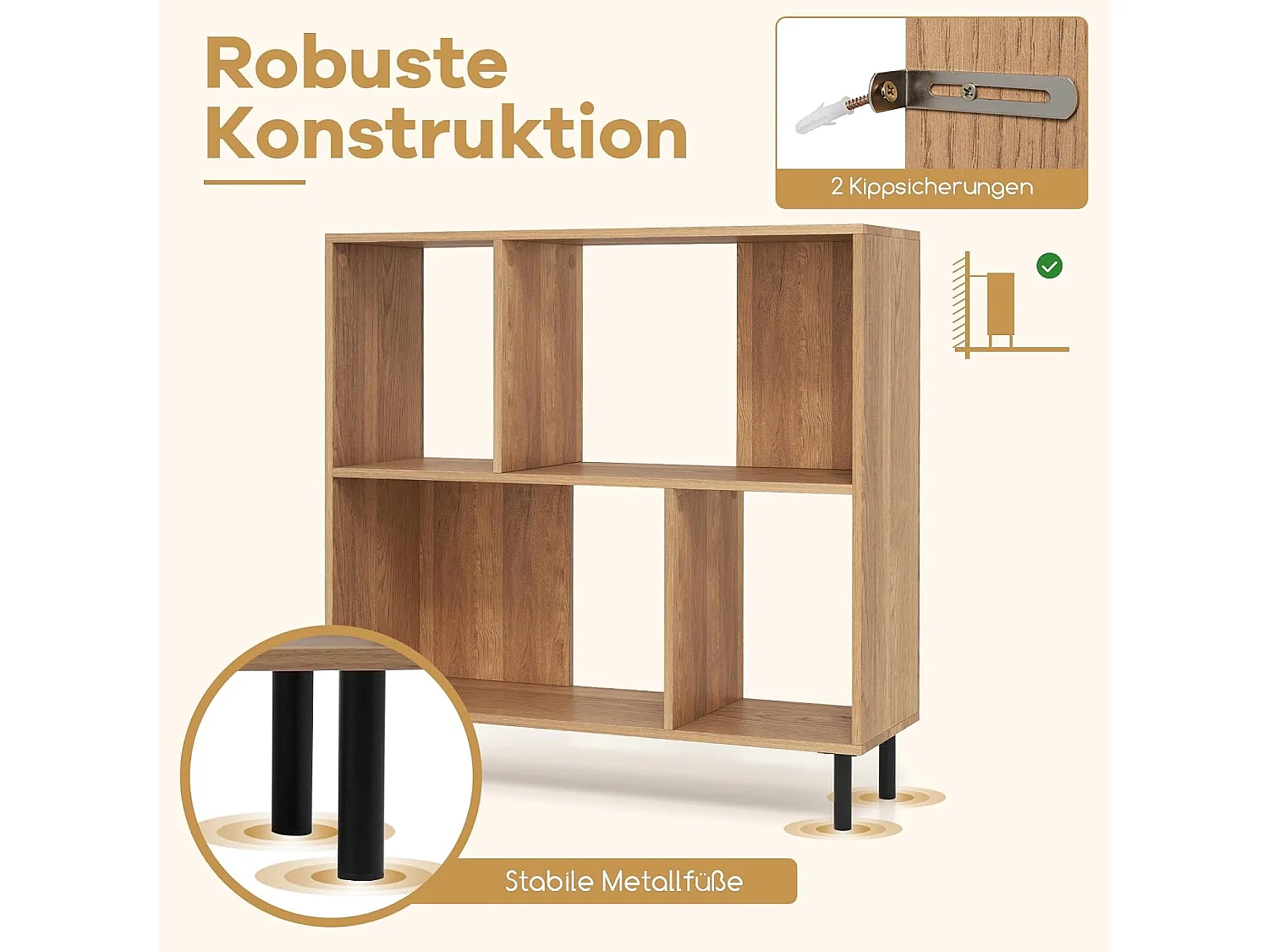 Boekenkast met 4 vakken, staand rek met 2 niveaus, kubusrek, kantoorplank, opbergrek voor woonkamer, slaapkamer, werkkamer, kantoor, 90 x 30 x 90 cm (natuur)