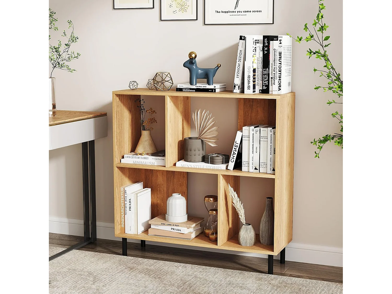 Boekenkast met 4 vakken, staand rek met 2 niveaus, kubusrek, kantoorplank, opbergrek voor woonkamer, slaapkamer, werkkamer, kantoor, 90 x 30 x 90 cm (natuur)