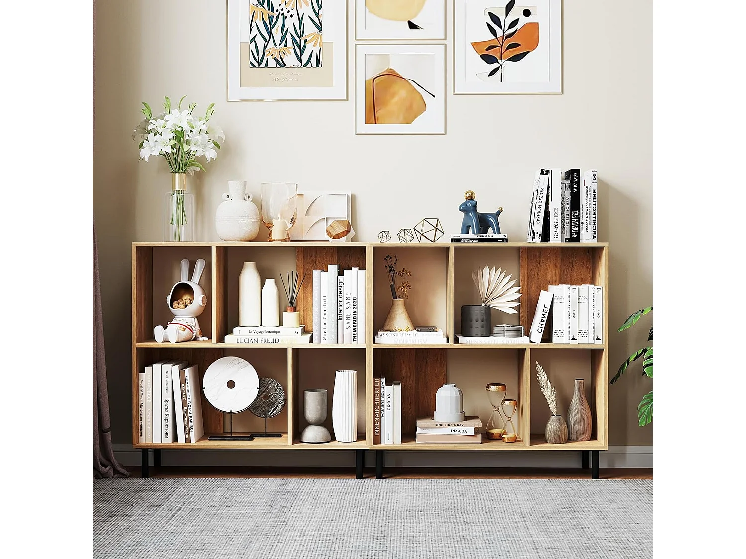 Boekenkast met 4 vakken, staand rek met 2 niveaus, kubusrek, kantoorplank, opbergrek voor woonkamer, slaapkamer, werkkamer, kantoor, 90 x 30 x 90 cm (natuur)
