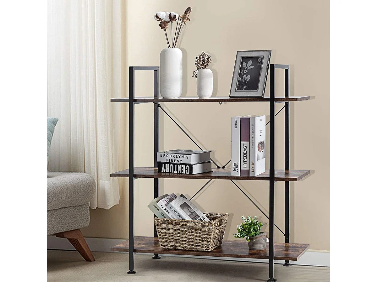 Boekenkast met 3 niveaus, vrijstaande boekenkast van hout voor presentatie,industrieel met metalen frame, ruimteverdeler voor woonkamer,90 x 36 x 99 cmTI87036