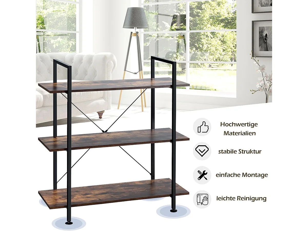 Boekenkast met 3 niveaus, vrijstaande boekenkast van hout voor presentatie,industrieel met metalen frame, ruimteverdeler voor woonkamer,90 x 36 x 99 cmTI87036