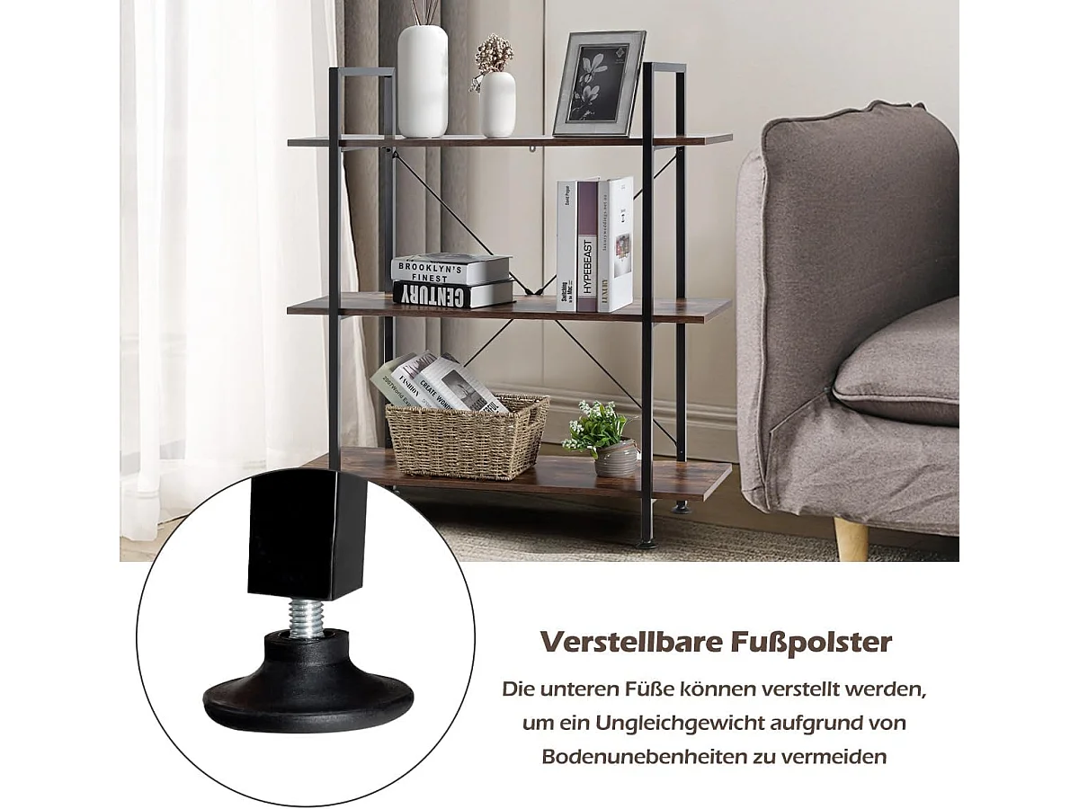 Boekenkast met 3 niveaus, vrijstaande boekenkast van hout voor presentatie,industrieel met metalen frame, ruimteverdeler voor woonkamer,90 x 36 x 99 cmTI87036