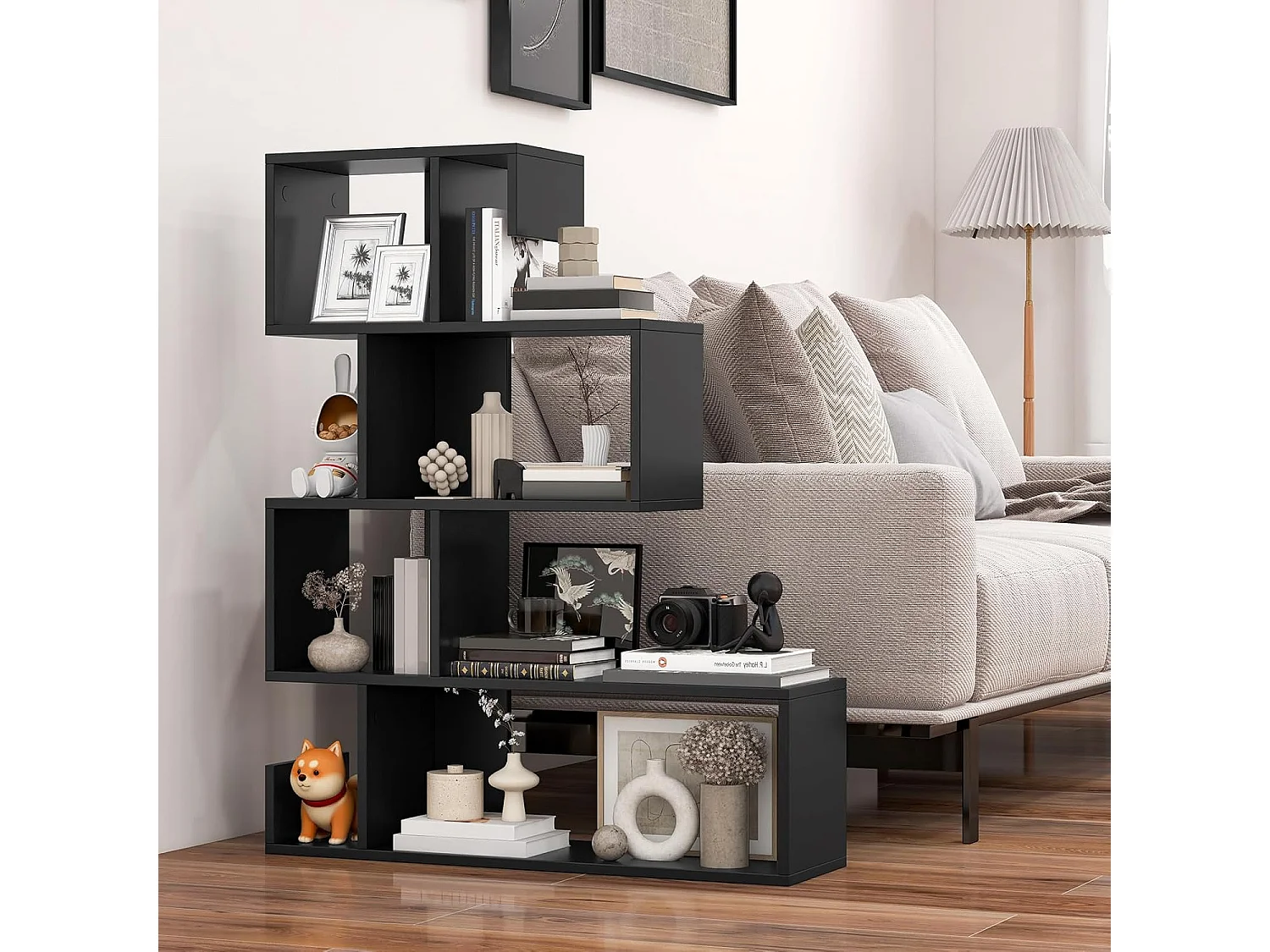 Boekenkast, 5-traps geometrisch opbergrek met open vakken, ruimteverdeler, S-vormig, staand rek met kantelbeveiligingssets voor woonkamer,kantoor (wit)VH33849