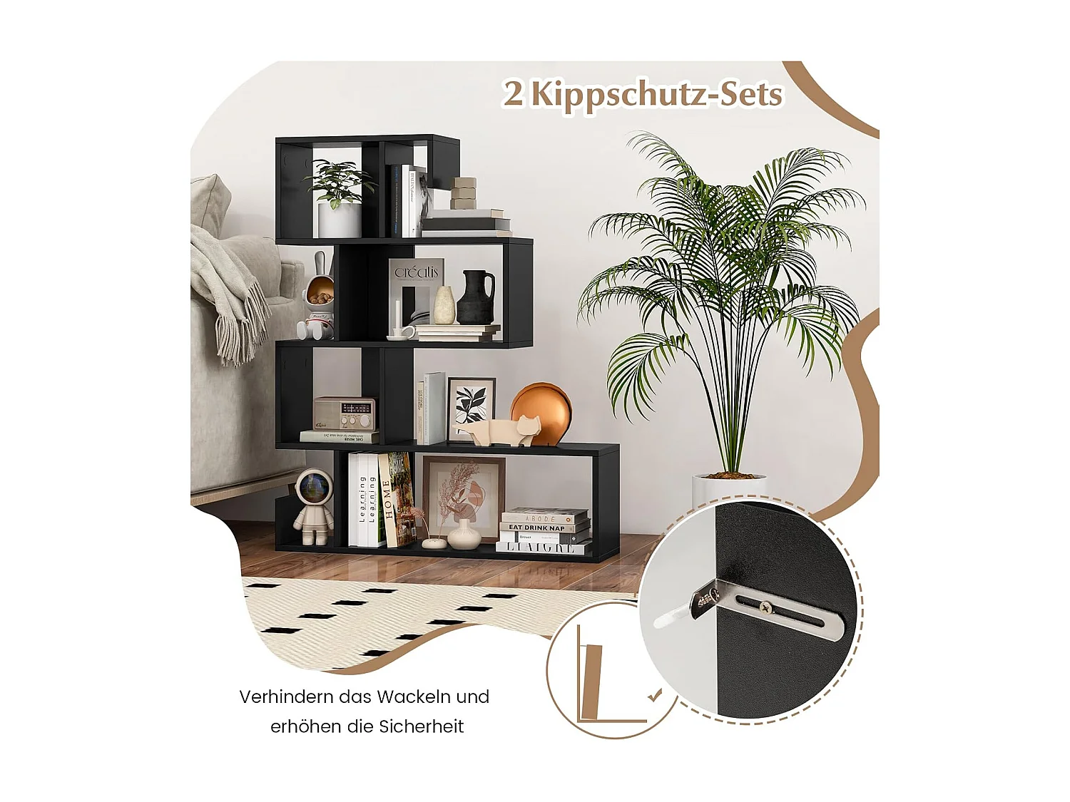 Boekenkast, 5-traps geometrisch opbergrek met open vakken, ruimteverdeler, S-vormig, staand rek met kantelbeveiligingssets voor woonkamer,kantoor (wit)VH33849