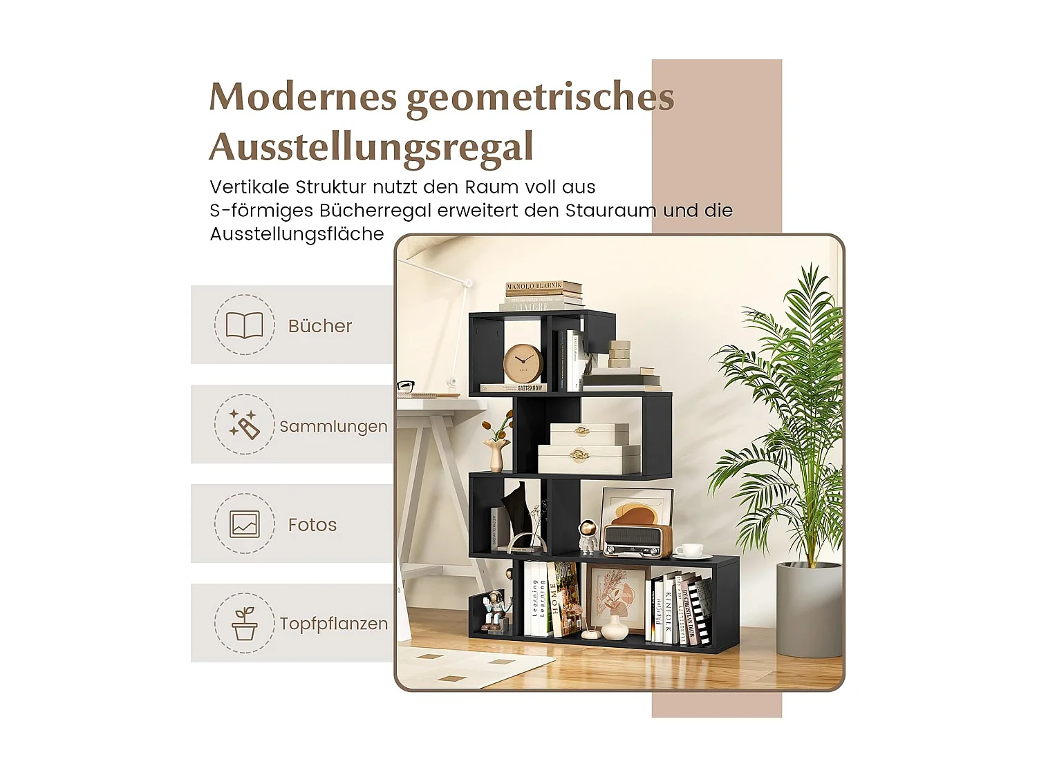 Boekenkast, 5-traps geometrisch opbergrek met open vakken, ruimteverdeler, S-vormig, staand rek met kantelbeveiligingssets voor woonkamer,kantoor (wit)VH33849