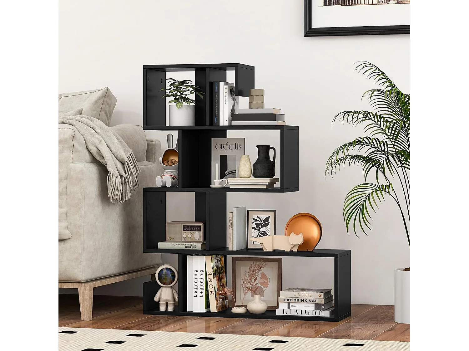 Boekenkast, 5-traps geometrisch opbergrek met open vakken, ruimteverdeler, S-vormig, staand rek met kantelbeveiligingssets voor woonkamer,kantoor (wit)VH33849