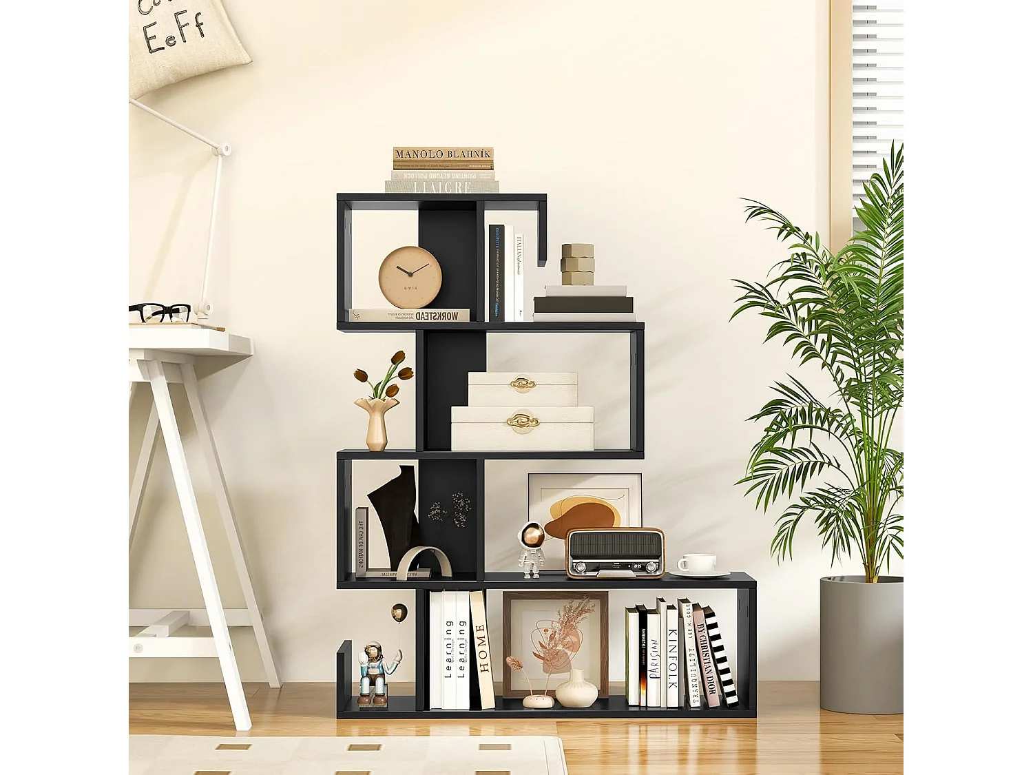 Boekenkast, 5-traps geometrisch opbergrek met open vakken, ruimteverdeler, S-vormig, staand rek met kantelbeveiligingssets voor woonkamer,kantoor (wit)VH33849