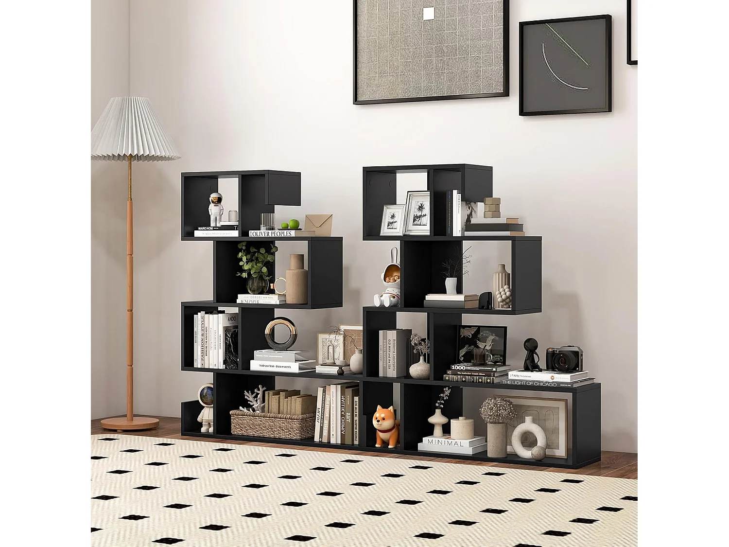 Boekenkast, 5-traps geometrisch opbergrek met open vakken, ruimteverdeler, S-vormig, staand rek met kantelbeveiligingssets voor woonkamer,kantoor (wit)VH33849