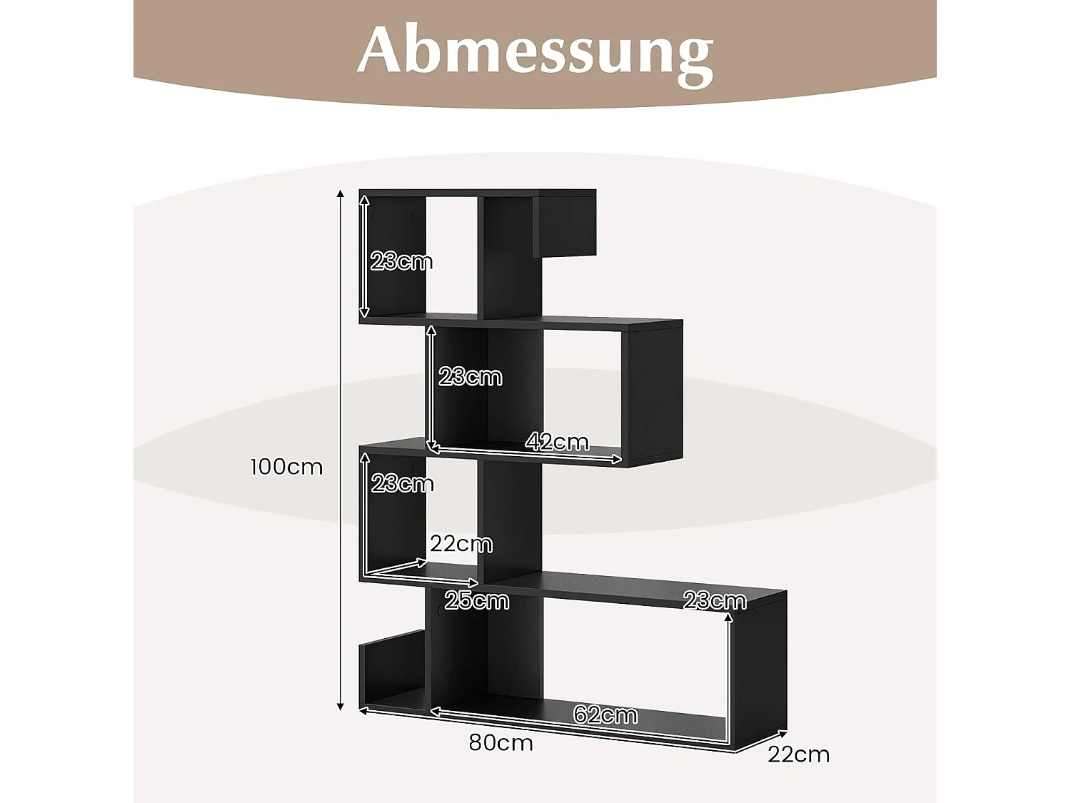 Boekenkast, 5-traps geometrisch opbergrek met open vakken, ruimteverdeler, S-vormig, staand rek met kantelbeveiligingssets voor woonkamer,kantoor (wit)VH33849