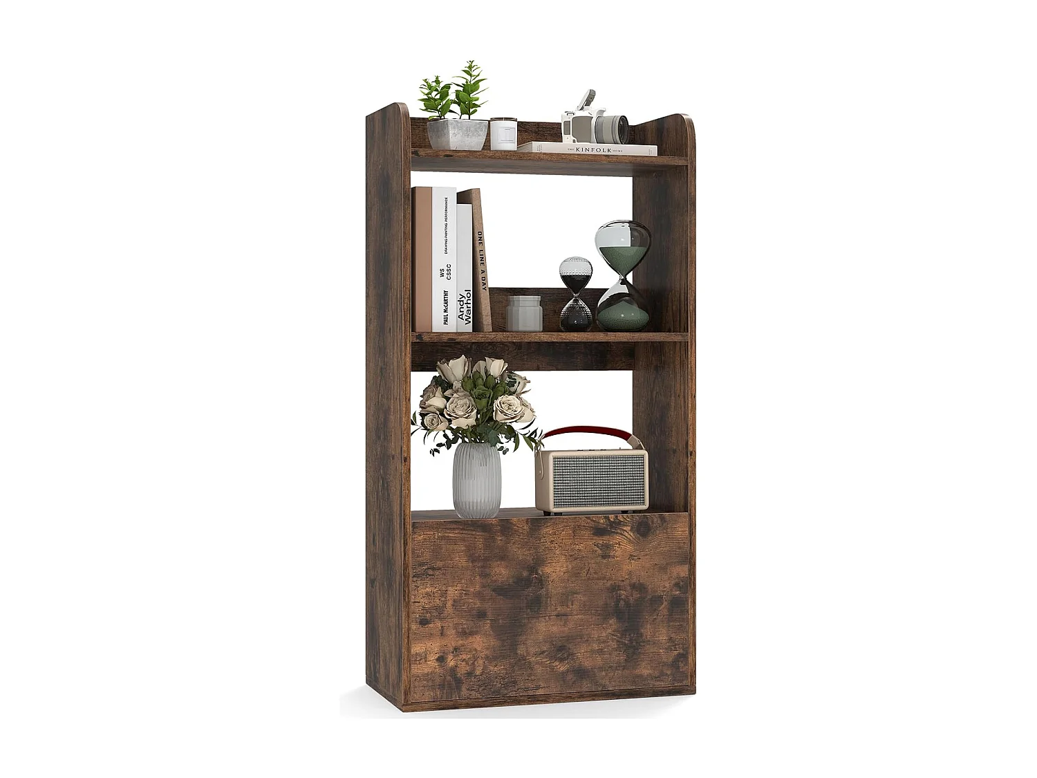 Boekenkast met lade, staand rek met 2 vakken, kantoorrek van hout, kubusrek, opbergrek voor woonkamer, slaapkamer, 55 x 29 x 105 cm (rustiek bruin)VH33847