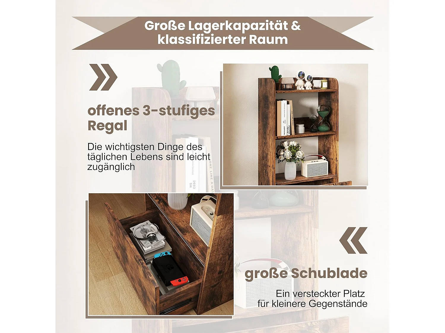 Boekenkast met lade, staand rek met 2 vakken, kantoorrek van hout, kubusrek, opbergrek voor woonkamer, slaapkamer, 55 x 29 x 105 cm (rustiek bruin)VH33847