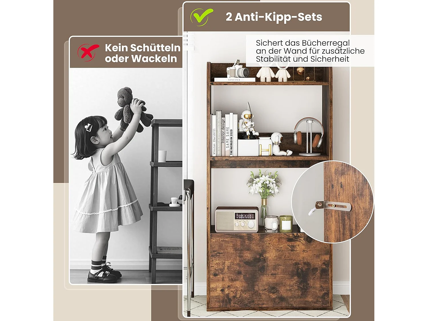 Boekenkast met lade, staand rek met 2 vakken, kantoorrek van hout, kubusrek, opbergrek voor woonkamer, slaapkamer, 55 x 29 x 105 cm (rustiek bruin)VH33847