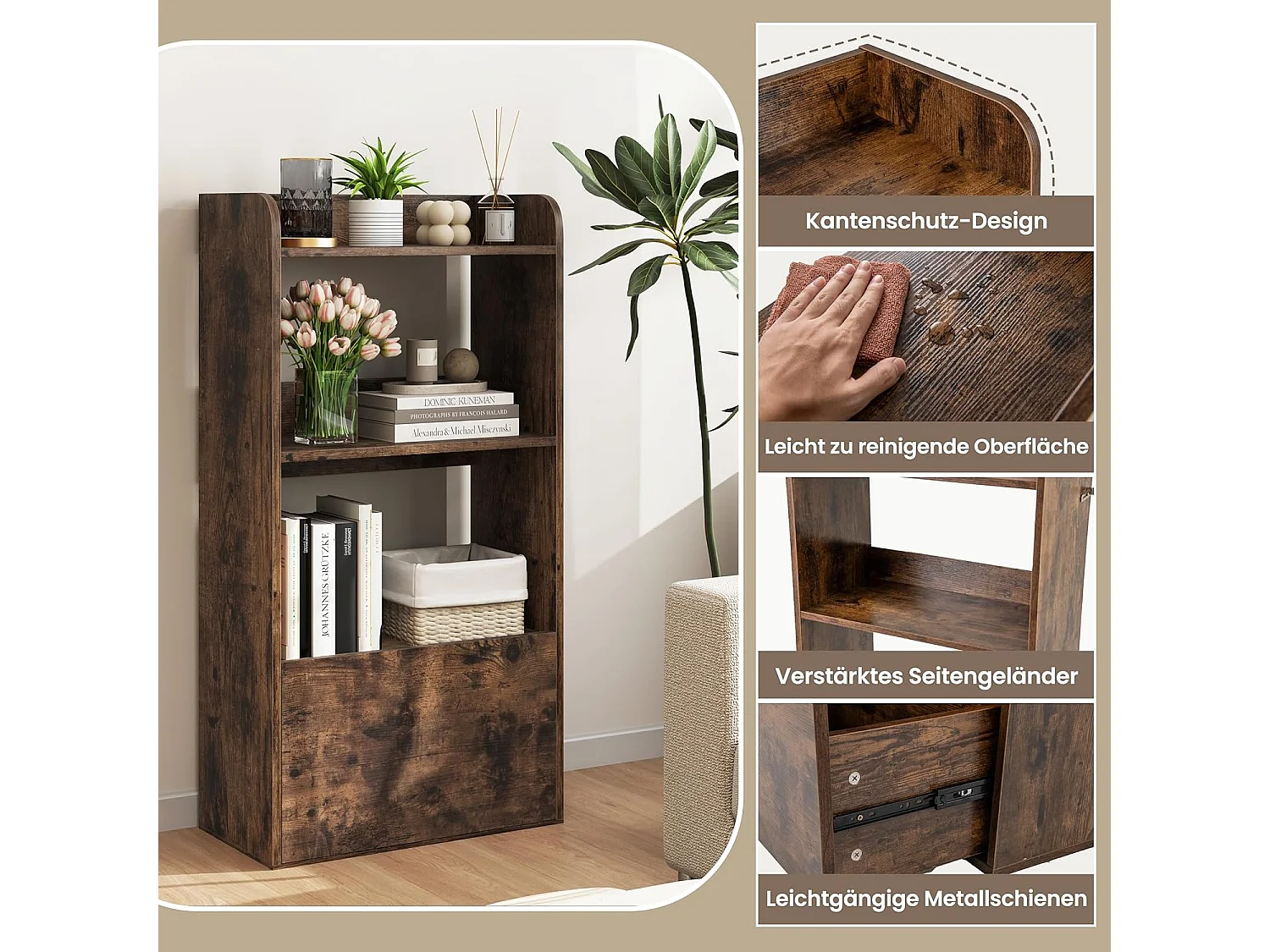 Boekenkast met lade, staand rek met 2 vakken, kantoorrek van hout, kubusrek, opbergrek voor woonkamer, slaapkamer, 55 x 29 x 105 cm (rustiek bruin)VH33847