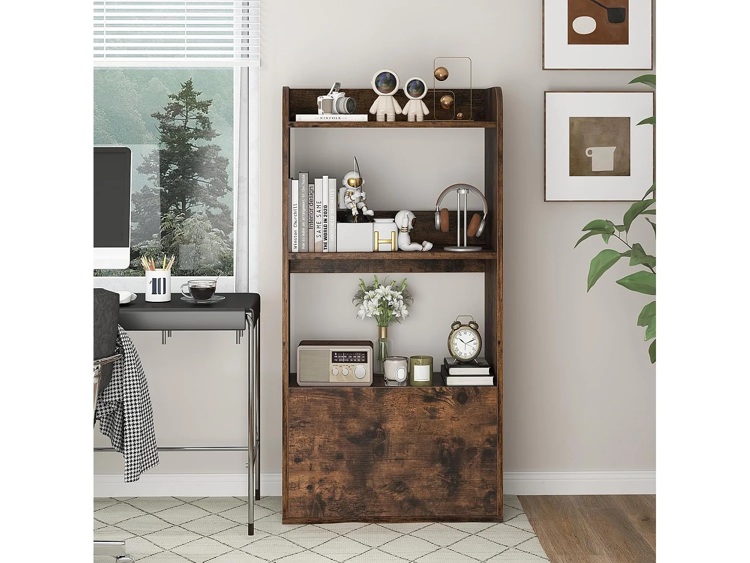 Boekenkast met lade, staand rek met 2 vakken, kantoorrek van hout, kubusrek, opbergrek voor woonkamer, slaapkamer, 55 x 29 x 105 cm (rustiek bruin)VH33847