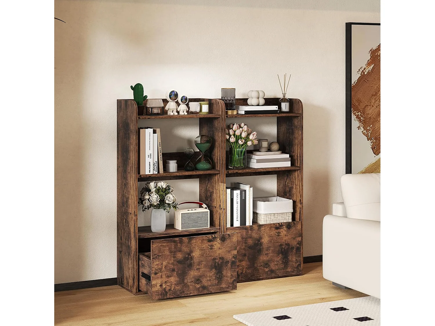 Boekenkast met lade, staand rek met 2 vakken, kantoorrek van hout, kubusrek, opbergrek voor woonkamer, slaapkamer, 55 x 29 x 105 cm (rustiek bruin)VH33847