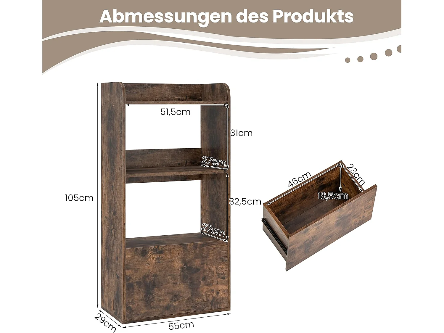 Boekenkast met lade, staand rek met 2 vakken, kantoorrek van hout, kubusrek, opbergrek voor woonkamer, slaapkamer, 55 x 29 x 105 cm (rustiek bruin)VH33847