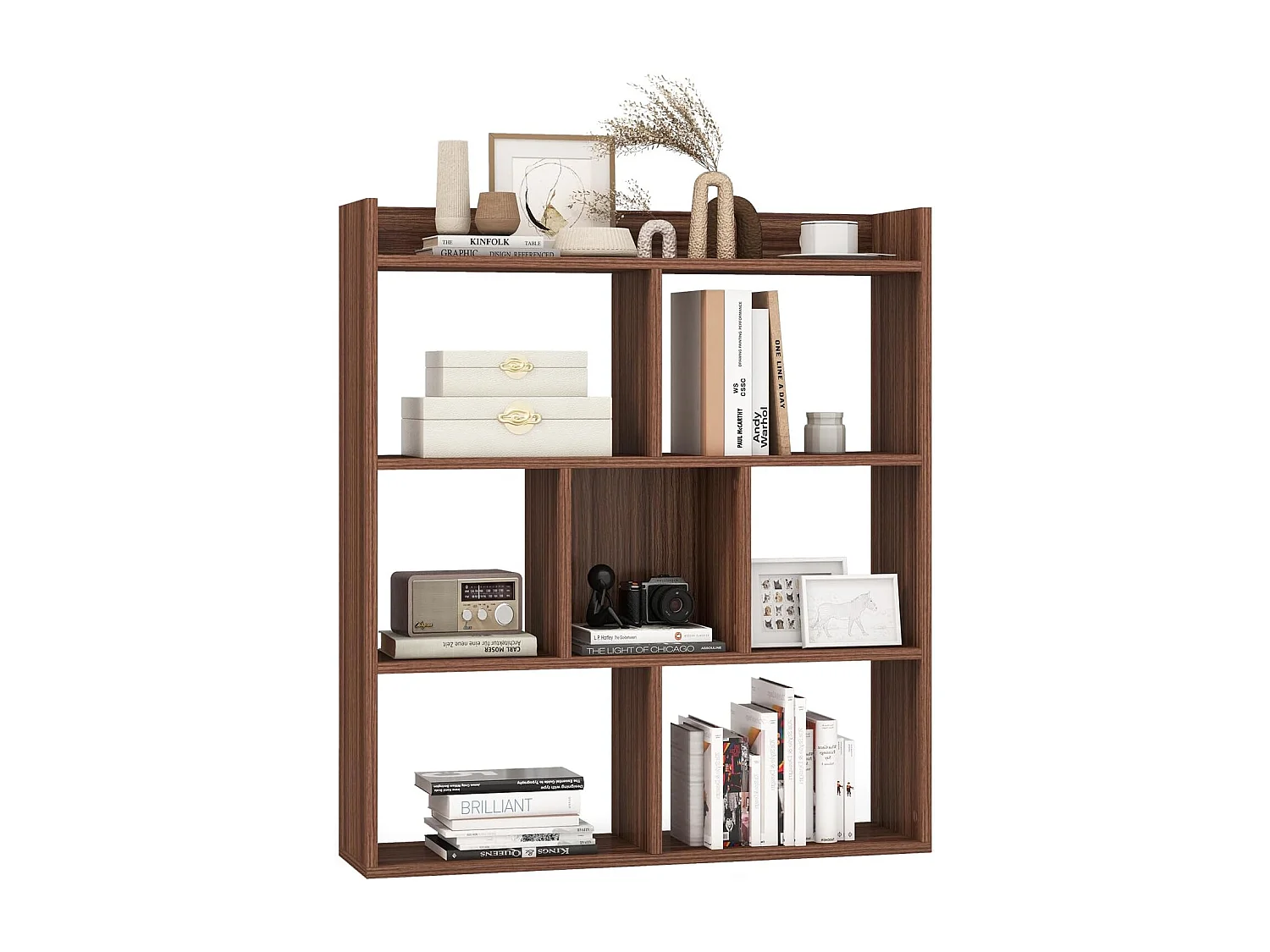 Boekenkast met 7 kubussen en open achterwand, hout, vrijstaand opbergrek met kantelbeveiliging, ruimteverdeler voor werkkamer, woonkamer (walnoot)VH33898