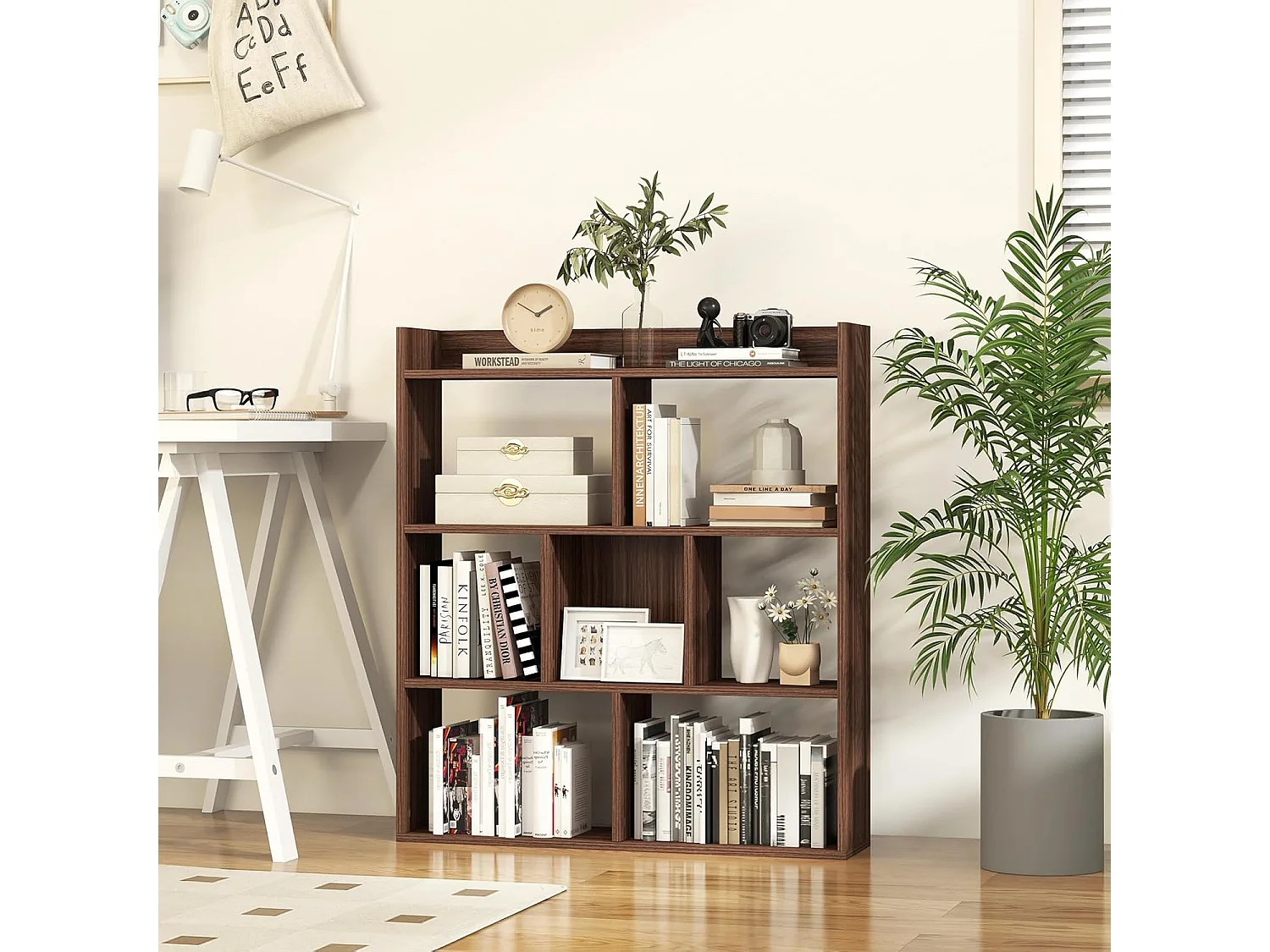 Boekenkast met 7 kubussen en open achterwand, hout, vrijstaand opbergrek met kantelbeveiliging, ruimteverdeler voor werkkamer, woonkamer (walnoot)VH33898