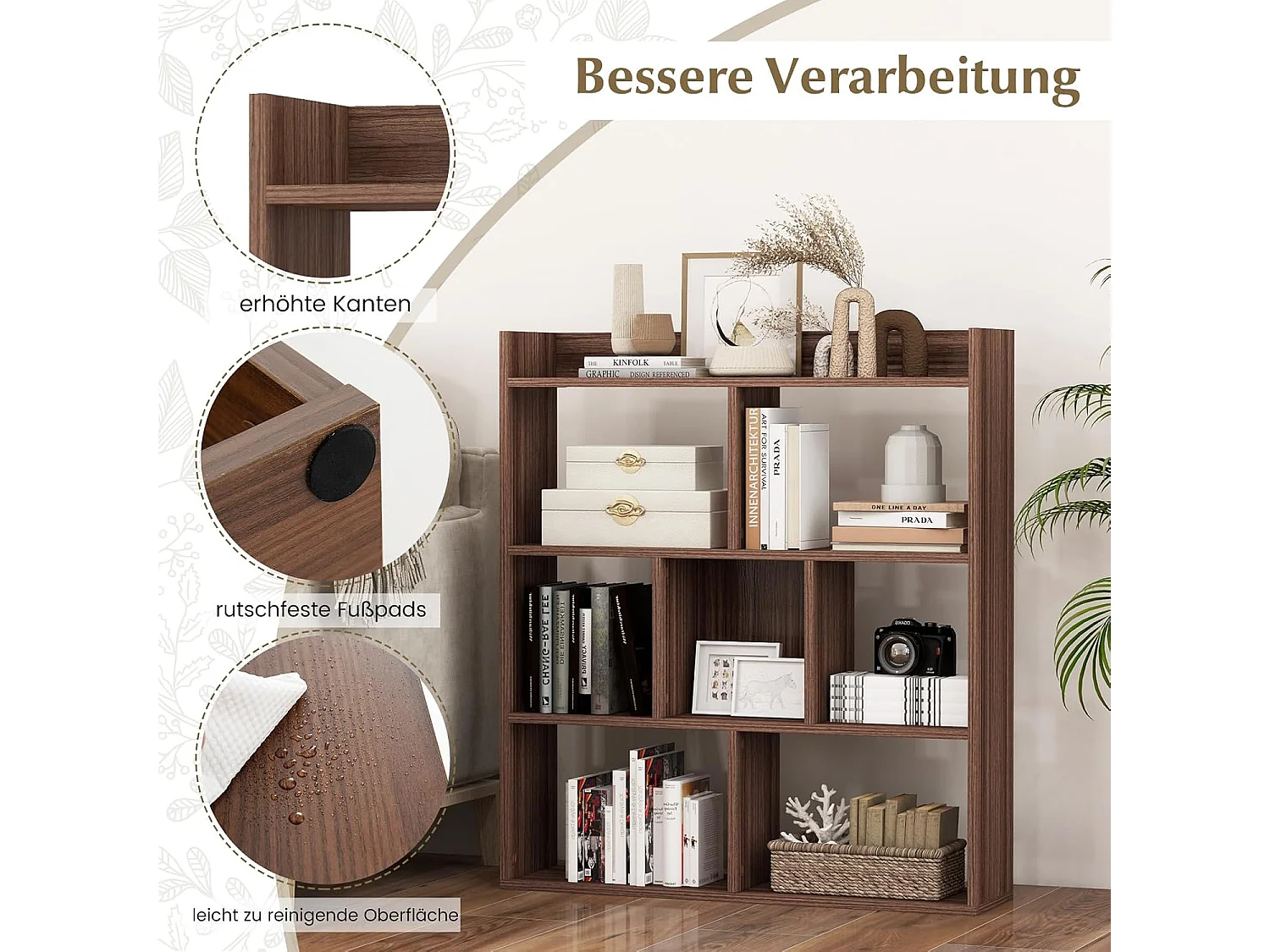 Boekenkast met 7 kubussen en open achterwand, hout, vrijstaand opbergrek met kantelbeveiliging, ruimteverdeler voor werkkamer, woonkamer (walnoot)VH33898