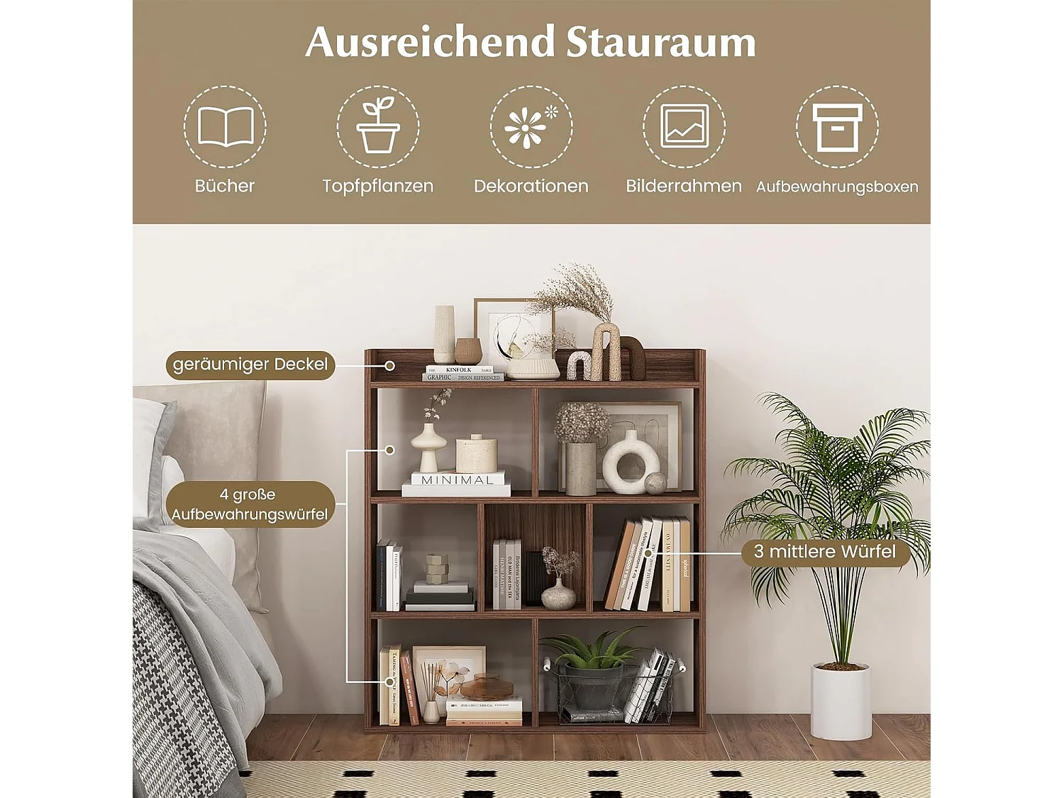 Boekenkast met 7 kubussen en open achterwand, hout, vrijstaand opbergrek met kantelbeveiliging, ruimteverdeler voor werkkamer, woonkamer (walnoot)VH33898