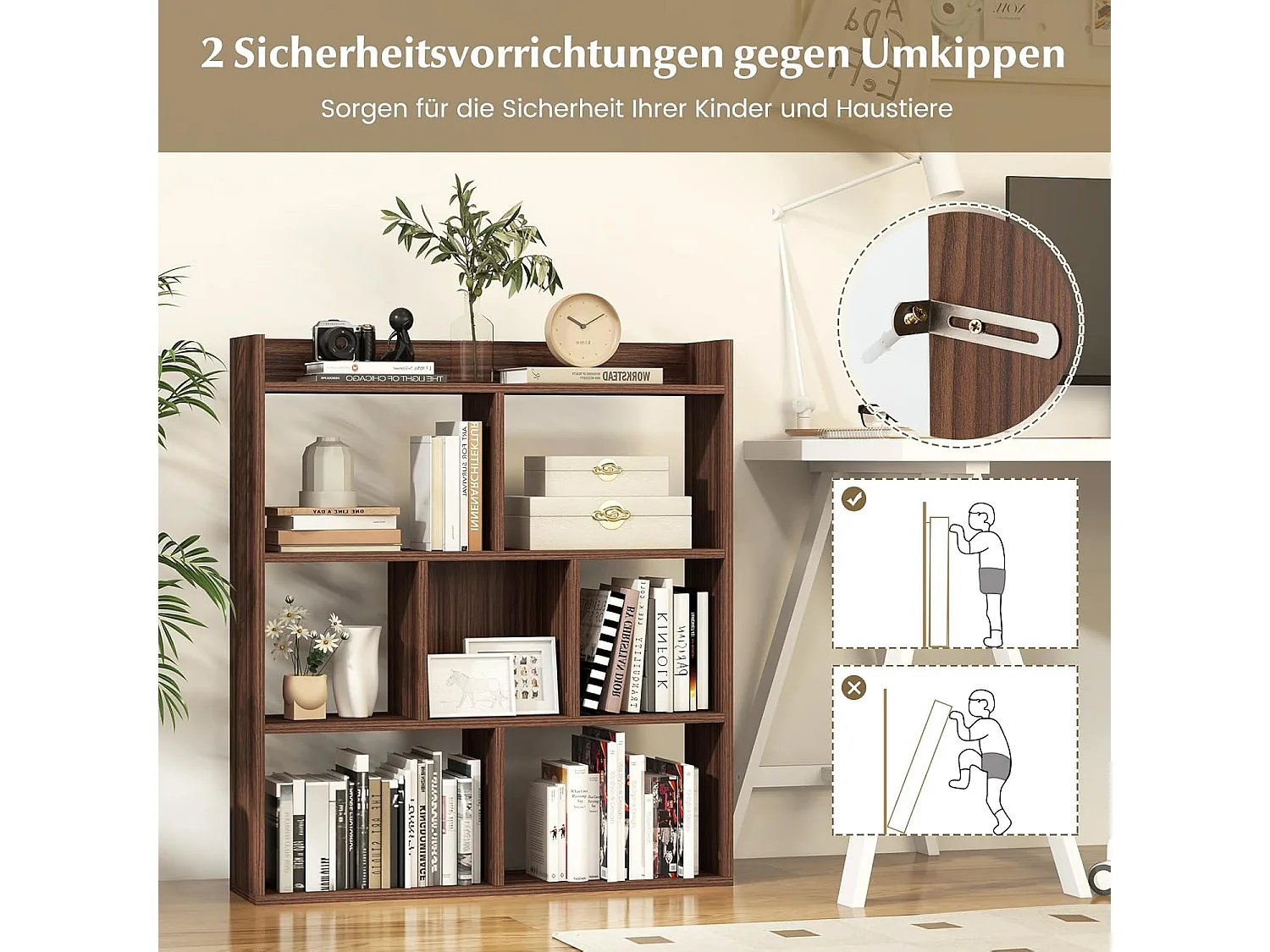 Boekenkast met 7 kubussen en open achterwand, hout, vrijstaand opbergrek met kantelbeveiliging, ruimteverdeler voor werkkamer, woonkamer (walnoot)VH33898