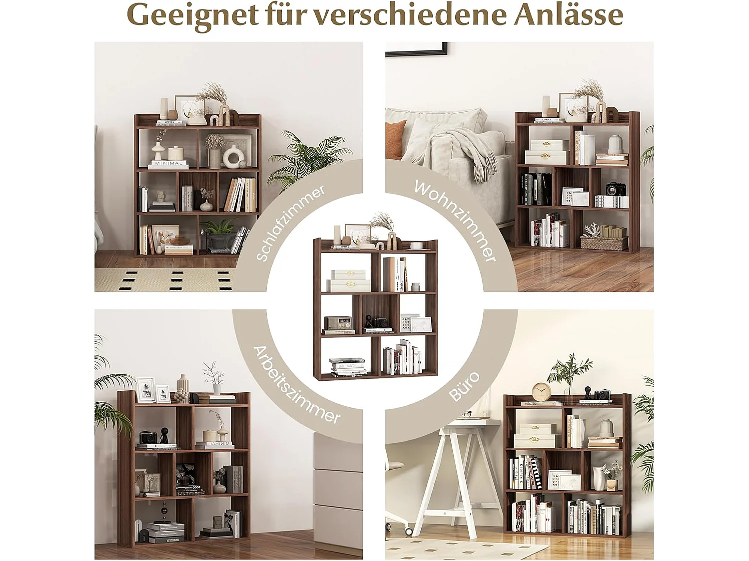 Boekenkast met 7 kubussen en open achterwand, hout, vrijstaand opbergrek met kantelbeveiliging, ruimteverdeler voor werkkamer, woonkamer (walnoot)VH33898