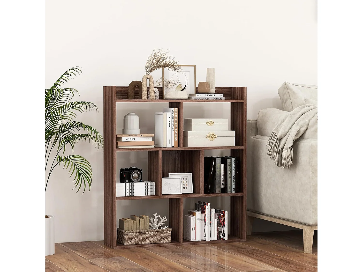 Boekenkast met 7 kubussen en open achterwand, hout, vrijstaand opbergrek met kantelbeveiliging, ruimteverdeler voor werkkamer, woonkamer (walnoot)VH33898