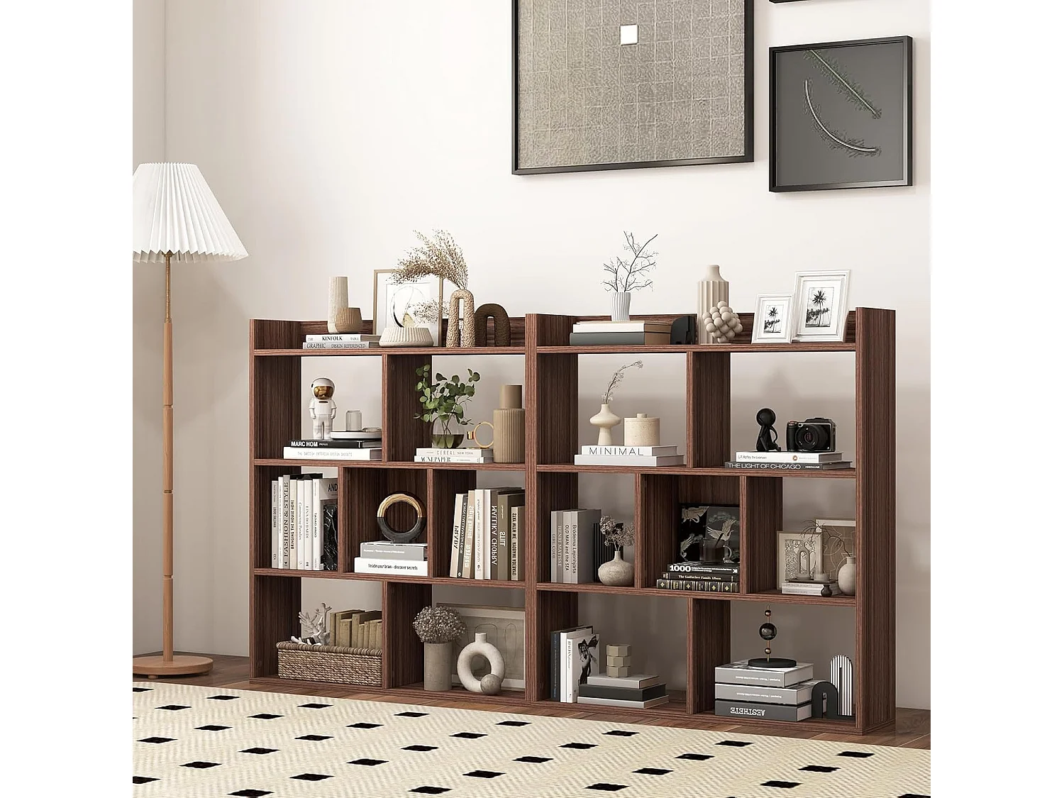 Boekenkast met 7 kubussen en open achterwand, hout, vrijstaand opbergrek met kantelbeveiliging, ruimteverdeler voor werkkamer, woonkamer (walnoot)VH33898