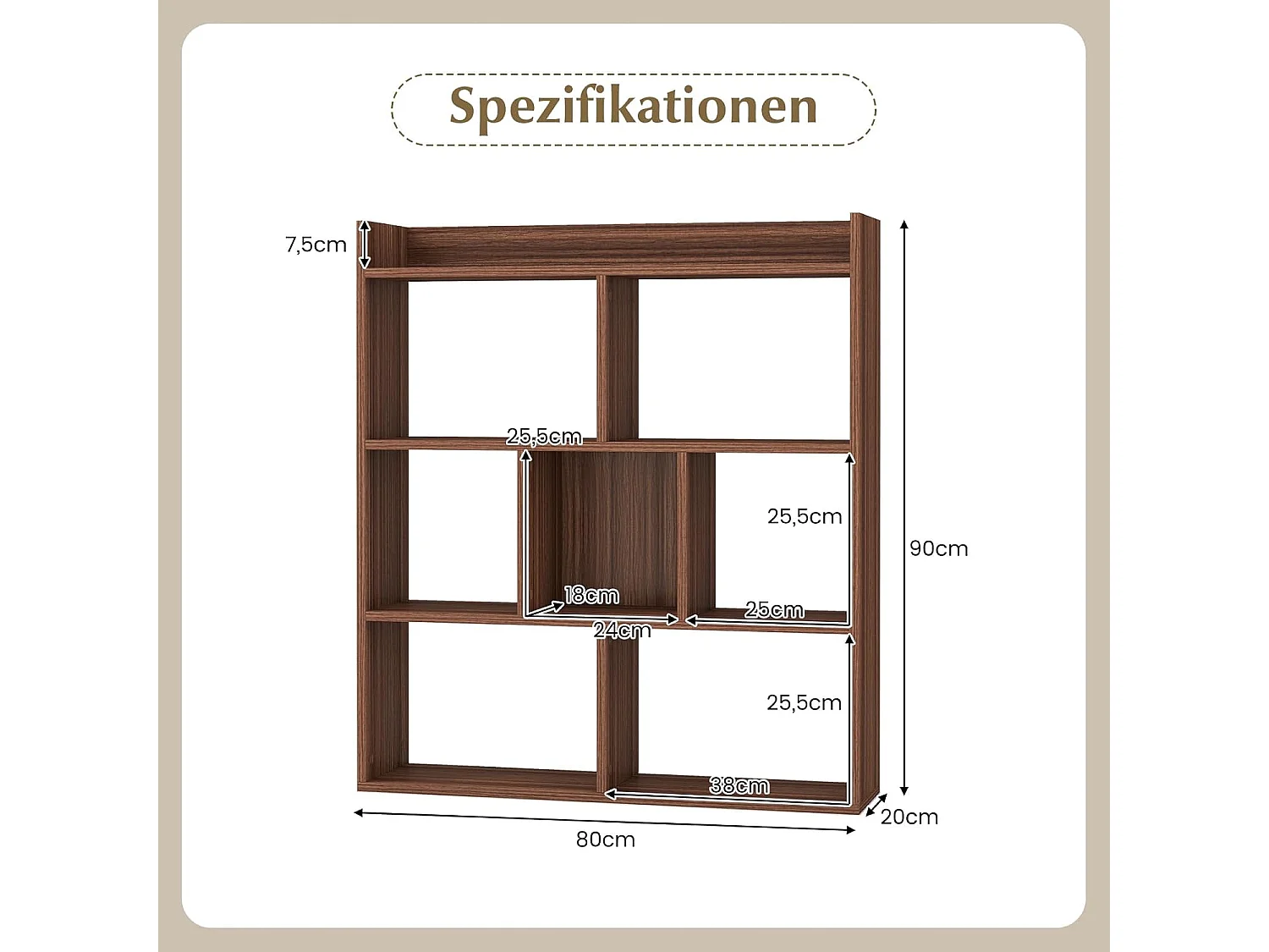 Boekenkast met 7 kubussen en open achterwand, hout, vrijstaand opbergrek met kantelbeveiliging, ruimteverdeler voor werkkamer, woonkamer (walnoot)VH33898
