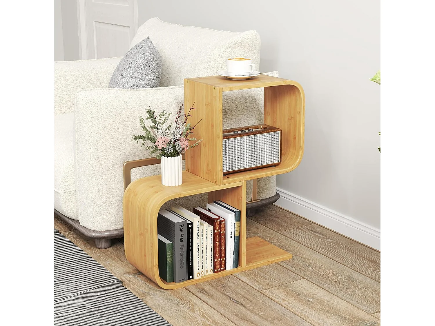 Boekenkast, S-vormig, staand rek van bamboe met 2 niveaus, kantoorrek, decoratief rek voor woonkamer, werkkamer, thuiskantoor, natuur, 61 x 23 x 66,5 cmVH33117