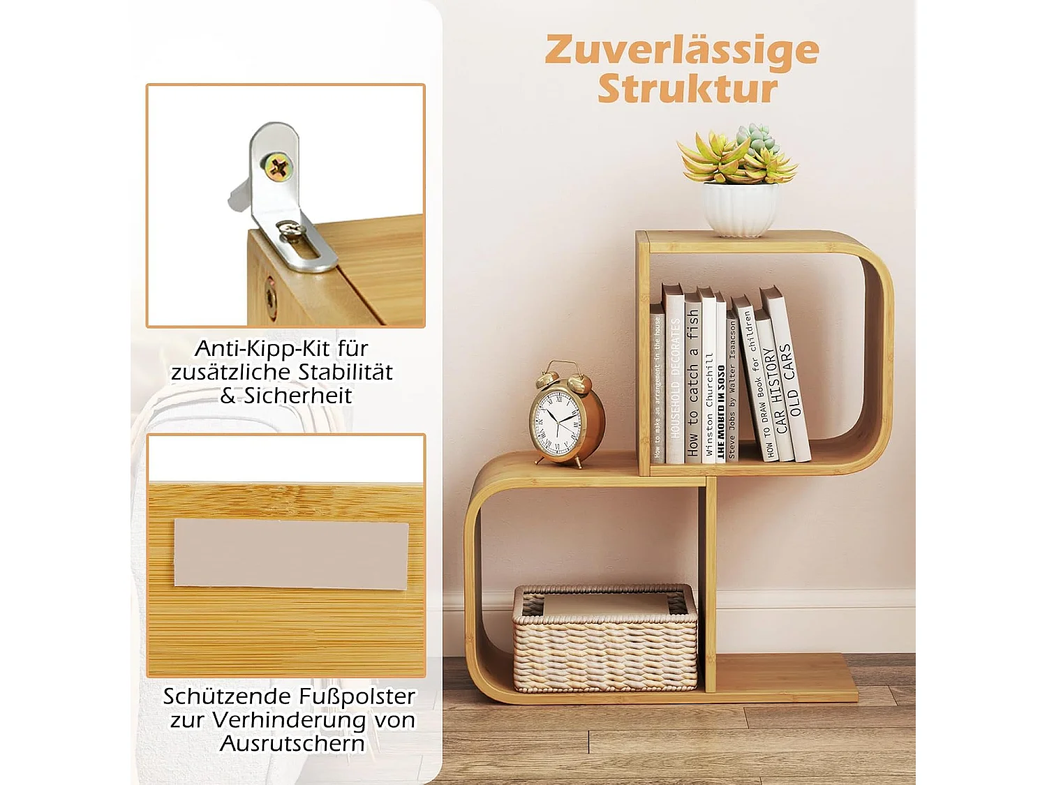 Boekenkast, S-vormig, staand rek van bamboe met 2 niveaus, kantoorrek, decoratief rek voor woonkamer, werkkamer, thuiskantoor, natuur, 61 x 23 x 66,5 cmVH33117