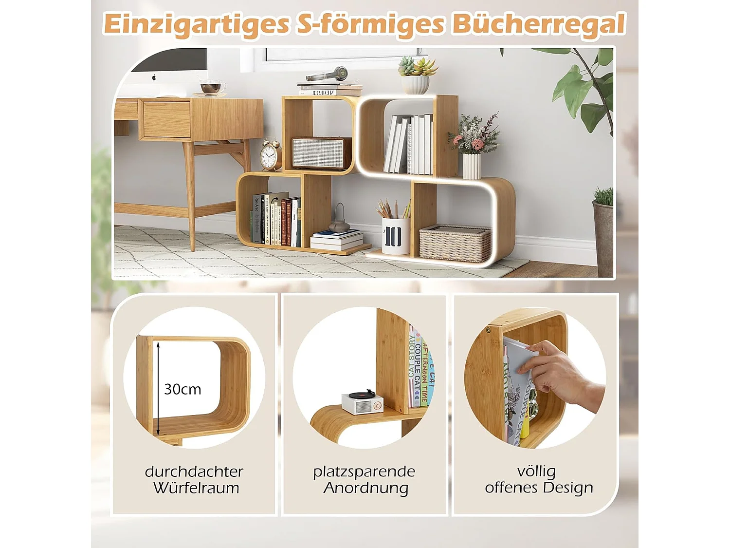 Boekenkast, S-vormig, staand rek van bamboe met 2 niveaus, kantoorrek, decoratief rek voor woonkamer, werkkamer, thuiskantoor, natuur, 61 x 23 x 66,5 cmVH33117