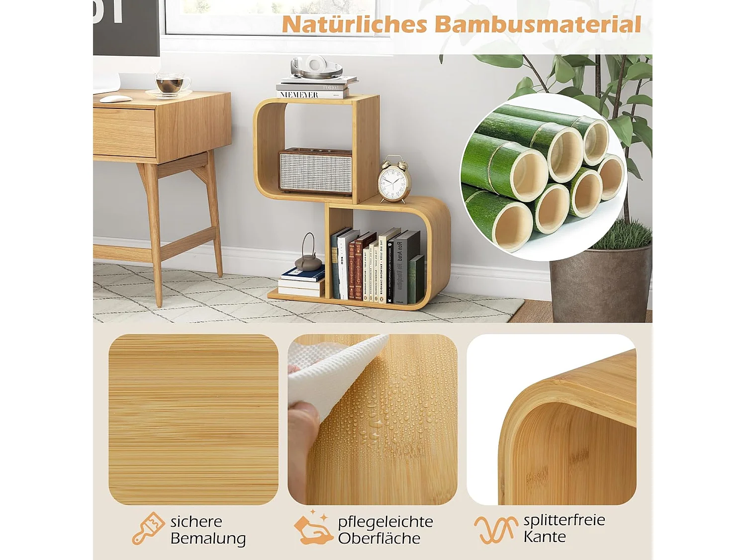 Boekenkast, S-vormig, staand rek van bamboe met 2 niveaus, kantoorrek, decoratief rek voor woonkamer, werkkamer, thuiskantoor, natuur, 61 x 23 x 66,5 cmVH33117