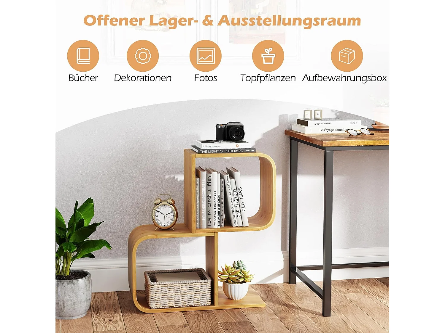 Boekenkast, S-vormig, staand rek van bamboe met 2 niveaus, kantoorrek, decoratief rek voor woonkamer, werkkamer, thuiskantoor, natuur, 61 x 23 x 66,5 cmVH33117