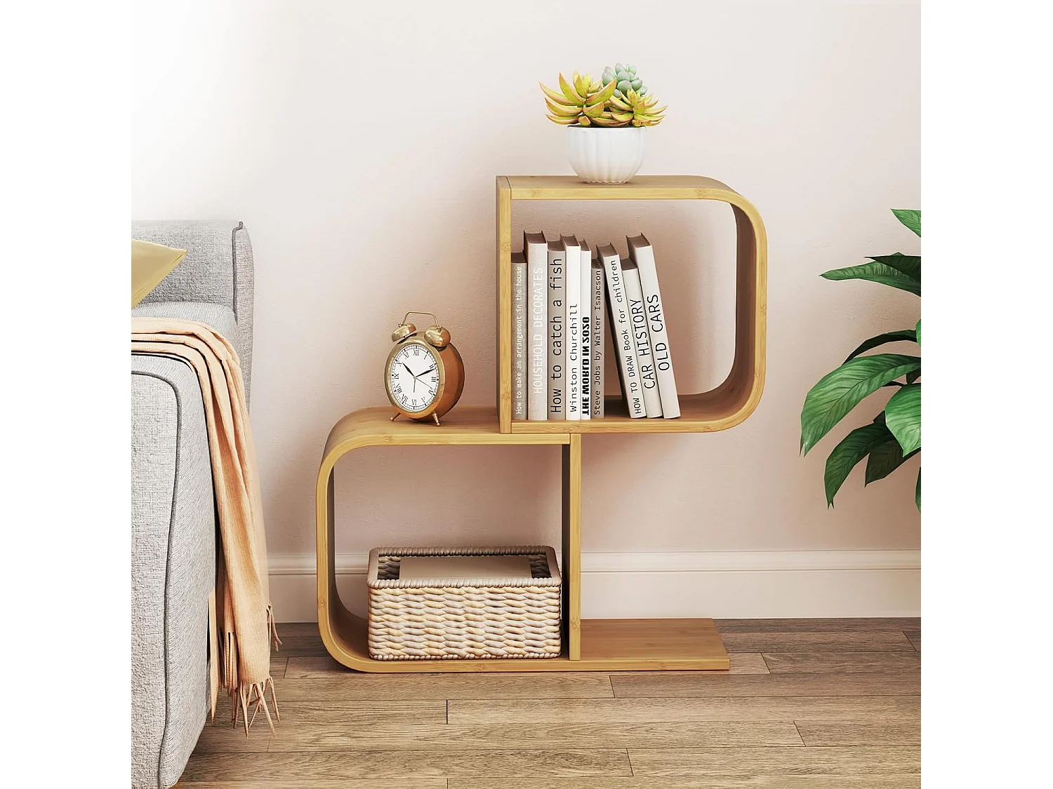 Boekenkast, S-vormig, staand rek van bamboe met 2 niveaus, kantoorrek, decoratief rek voor woonkamer, werkkamer, thuiskantoor, natuur, 61 x 23 x 66,5 cmVH33117