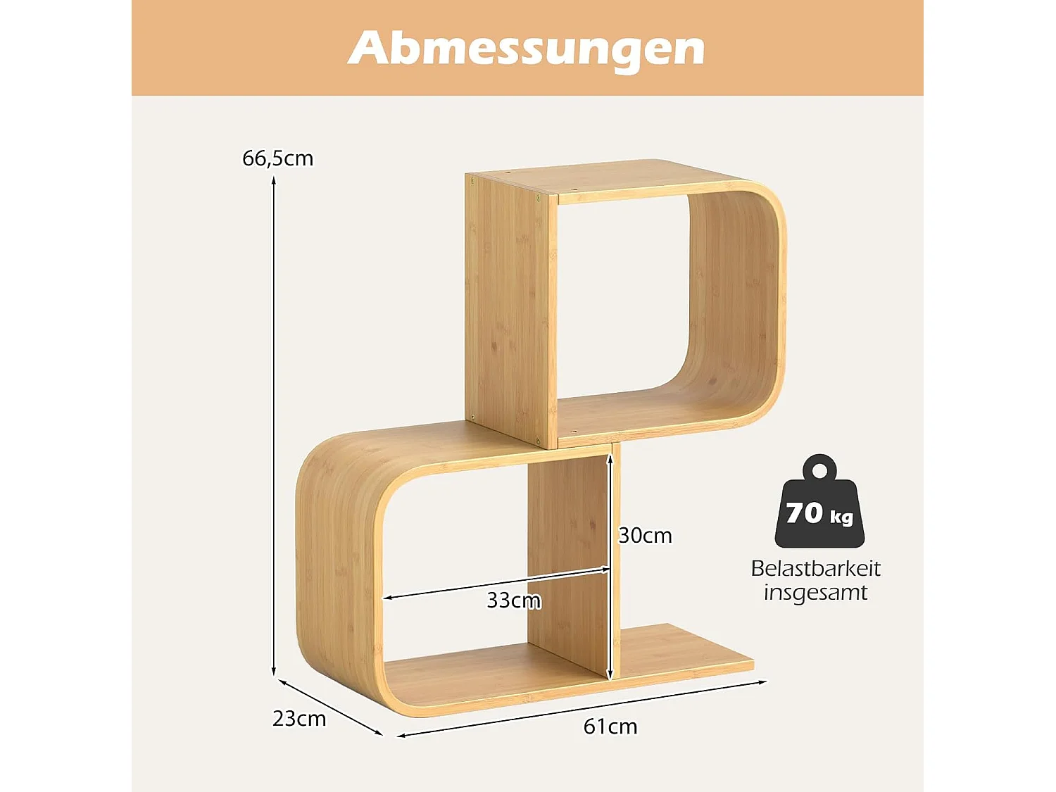 Boekenkast, S-vormig, staand rek van bamboe met 2 niveaus, kantoorrek, decoratief rek voor woonkamer, werkkamer, thuiskantoor, natuur, 61 x 23 x 66,5 cmVH33117