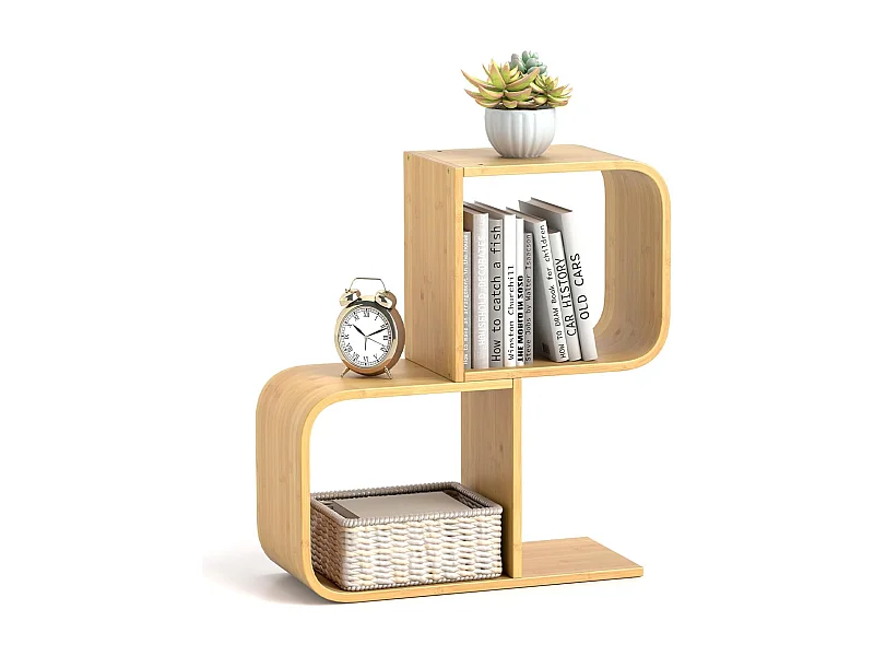 Boekenkast, S-vormig, staand rek van bamboe met 2 niveaus, kantoorrek, decoratief rek voor woonkamer, werkkamer, thuiskantoor, natuur, 61 x 23 x 66,5 cmVH33117