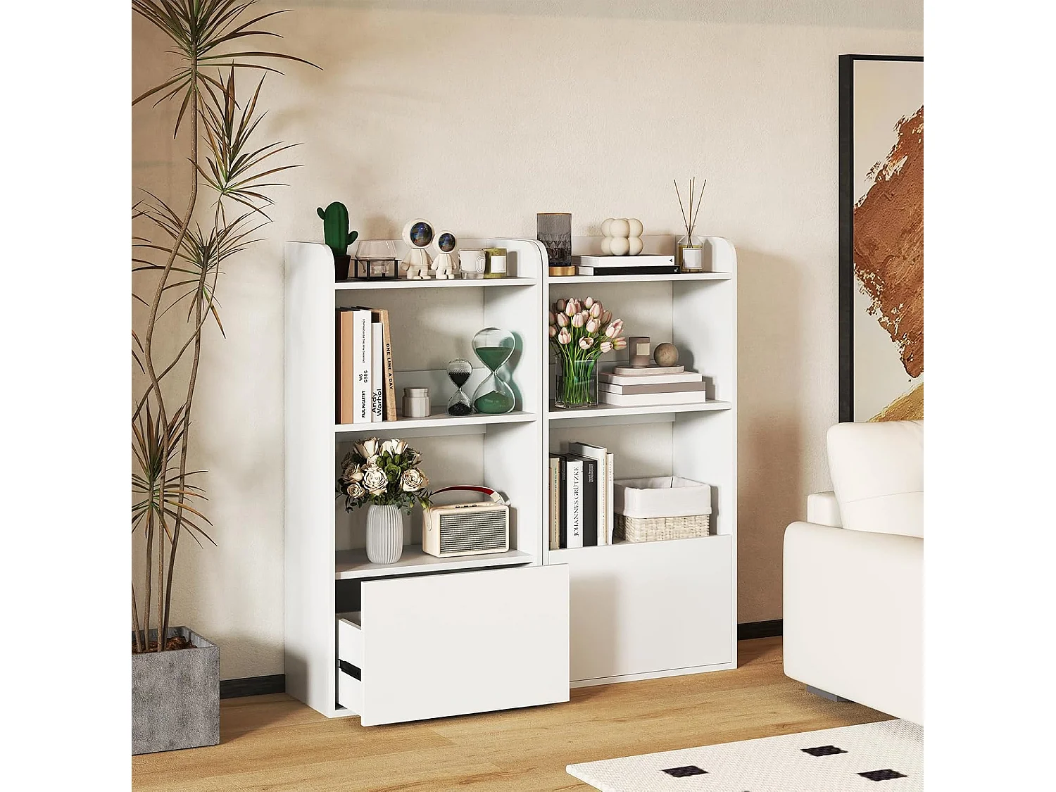 Boekenkast met lade, staand rek met 2 vakken, kantoorrek van hout, kubusrek, opbergrek voor woonkamer, slaapkamer, 55 x 29 x 105 cm (wit)VH33847