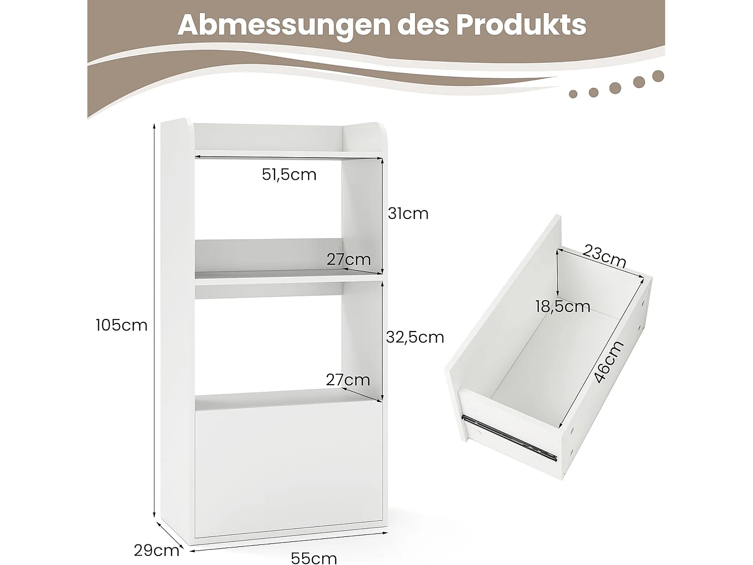 Boekenkast met lade, staand rek met 2 vakken, kantoorrek van hout, kubusrek, opbergrek voor woonkamer, slaapkamer, 55 x 29 x 105 cm (wit)VH33847