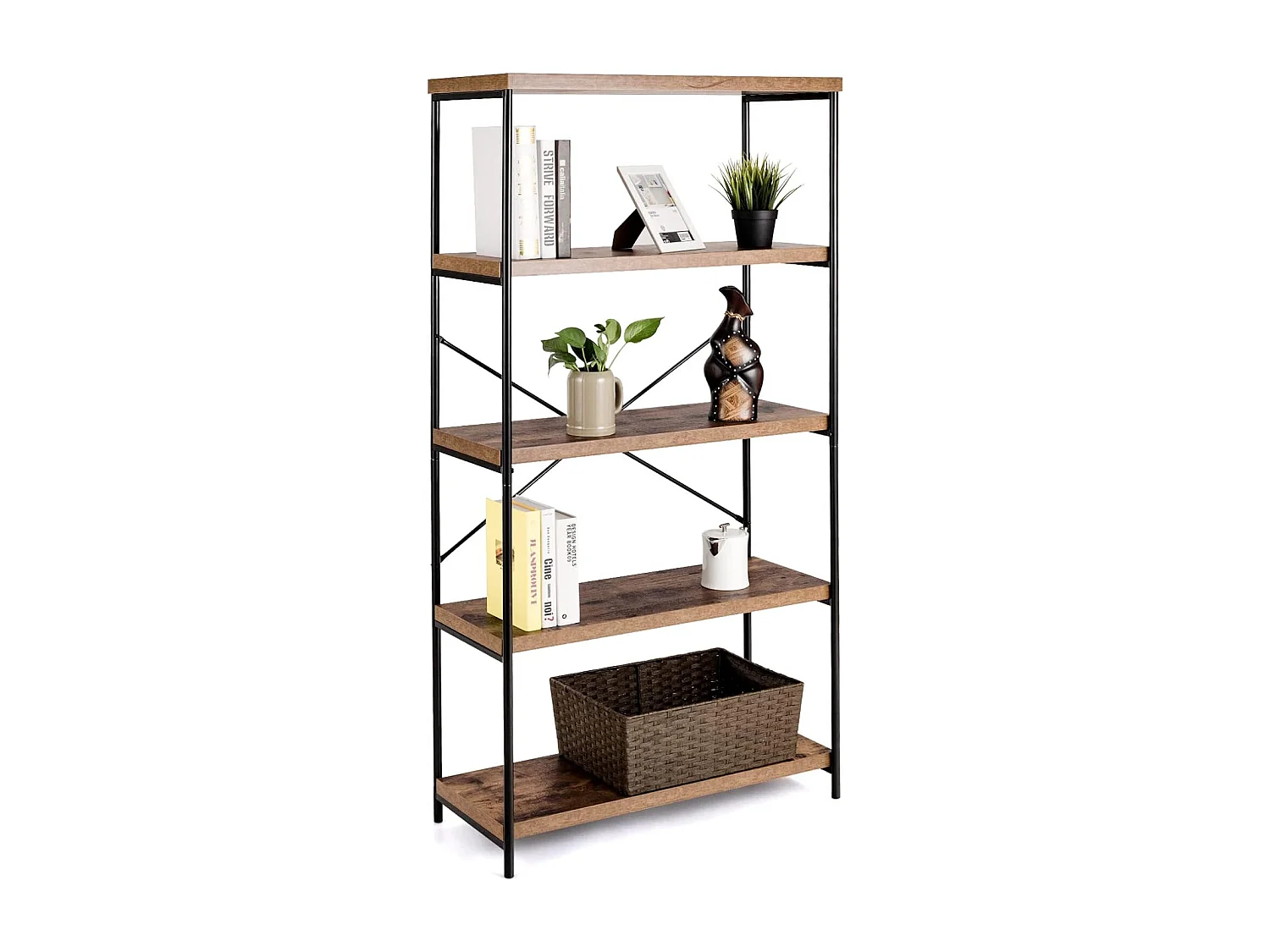 Boekenkast met 5 niveaus, staand rek met metalen frame, vrijstaand rek, kantoorrek voor woonkamer, slaapkamer,79 x 35 x 160 cm, industrieel design (bruin)TI71592