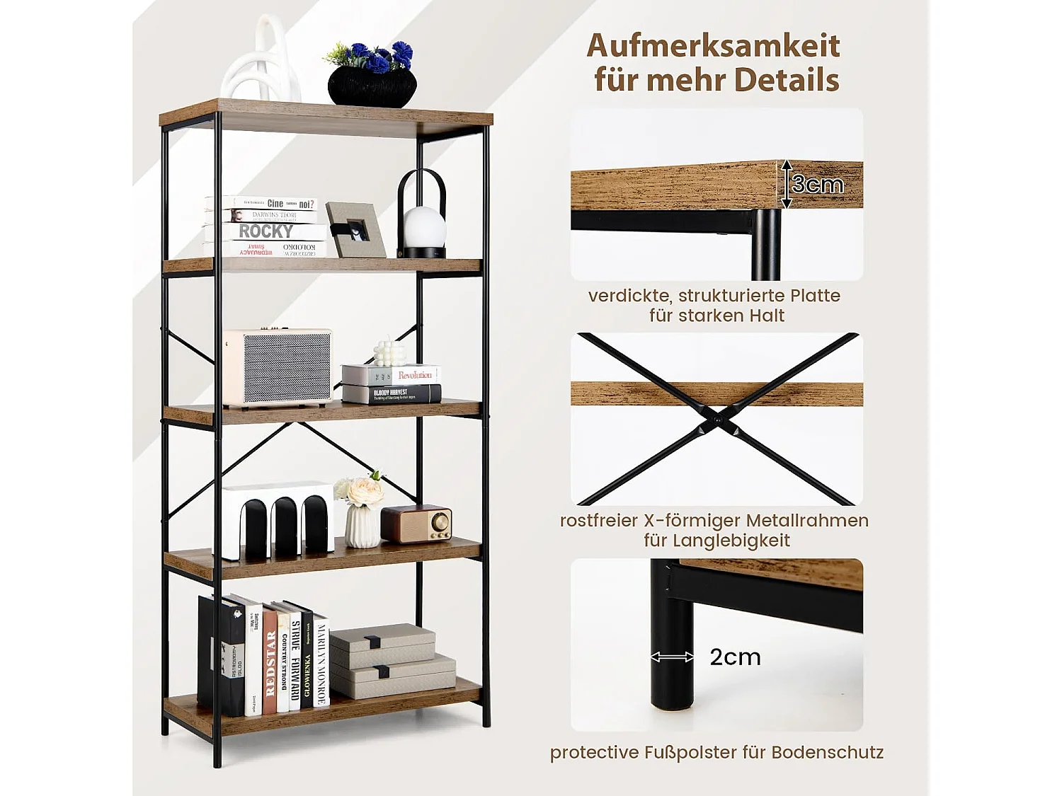 Boekenkast met 5 niveaus, staand rek met metalen frame, vrijstaand rek, kantoorrek voor woonkamer, slaapkamer,79 x 35 x 160 cm, industrieel design (bruin)TI71592